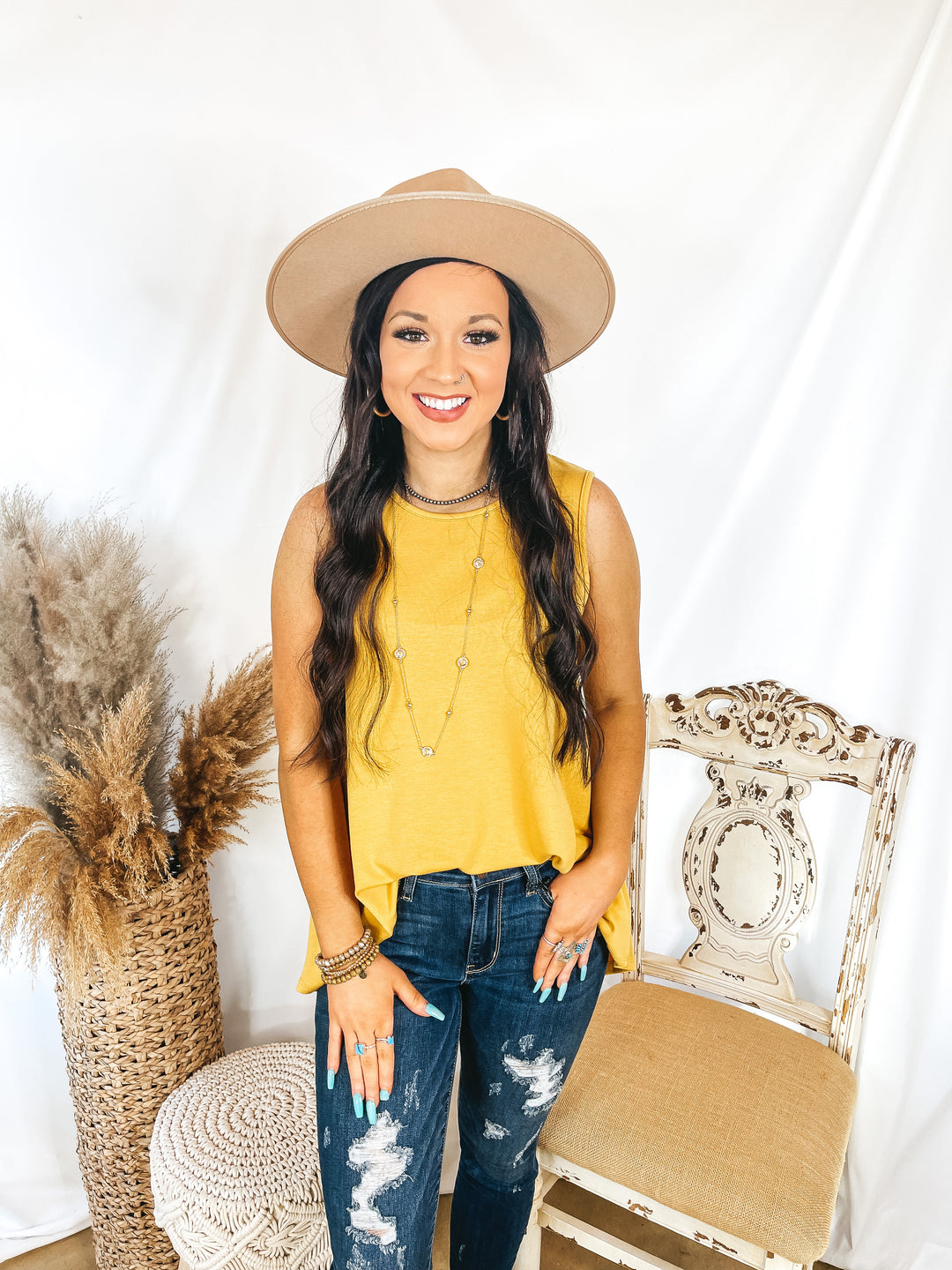Give Me Joy Solid Knit A-Line Tank Top in Mustard Yellow - Giddy Up Glamour Boutique