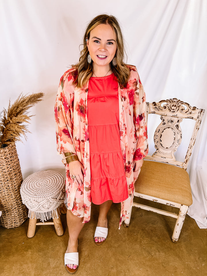 Cabana Hour Open Front Floral Kimono in Ivory and Pink - Giddy Up Glamour Boutique
