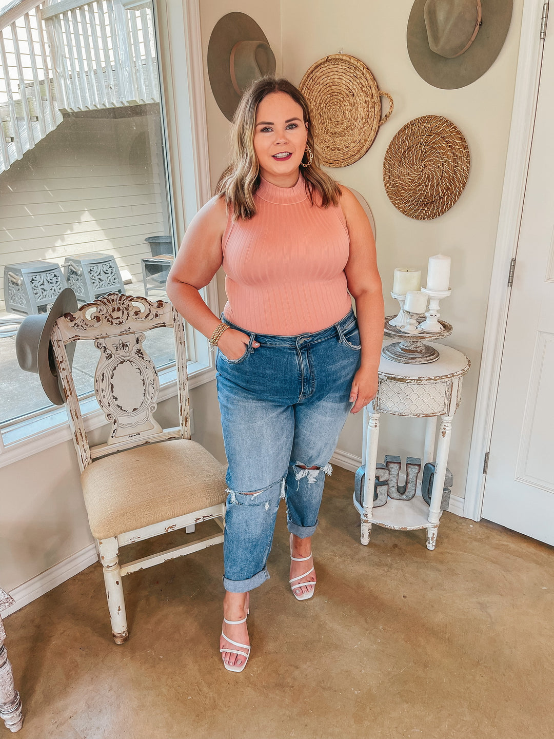 Take Me Somewhere High Neck Ribbed Tank Top in Dusty Coral - Giddy Up Glamour Boutique