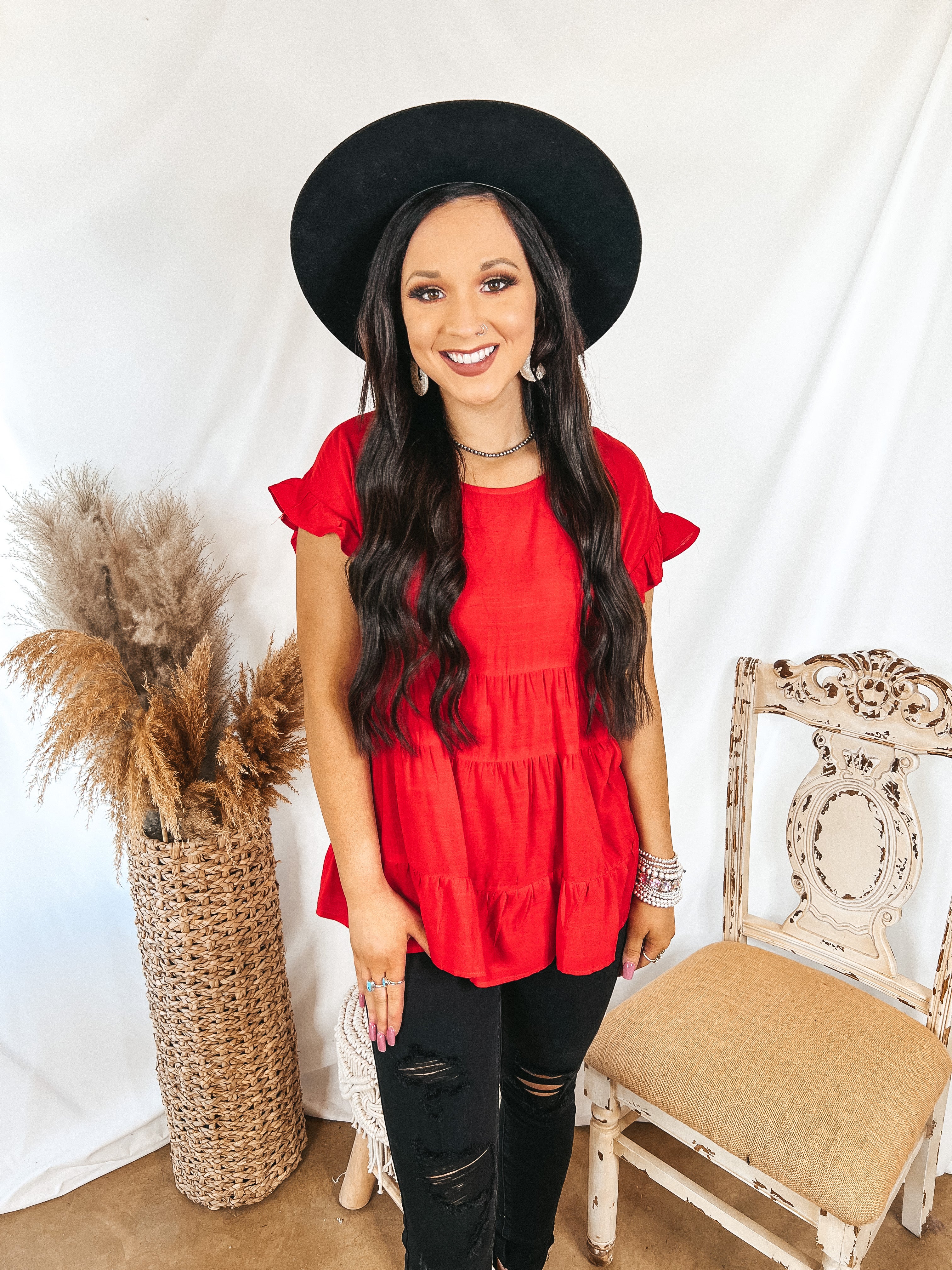 Belong To You Tiered Top with Ruffle Cap Sleeves in Red - Giddy Up Glamour Boutique