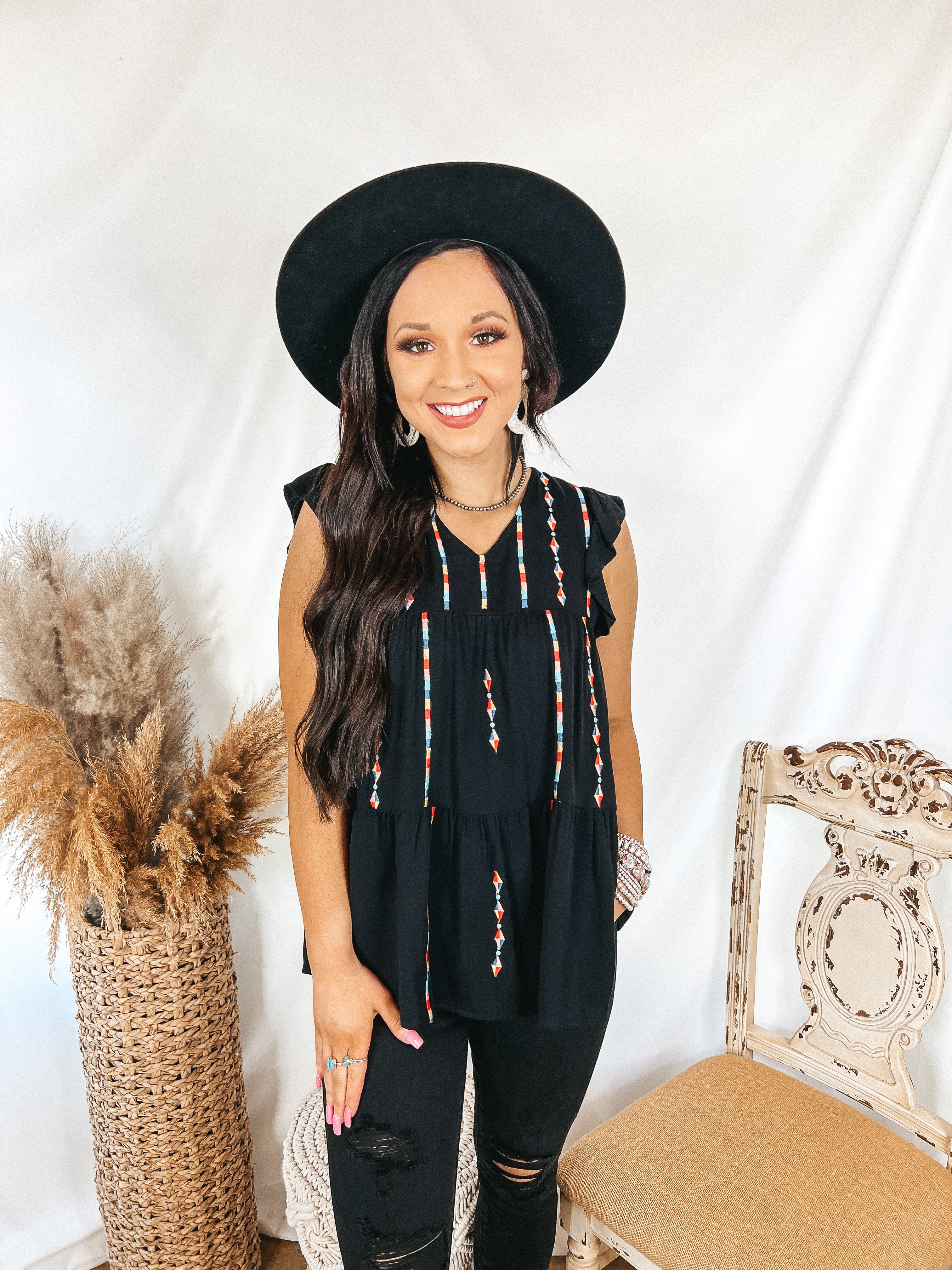 Rum Punch Embroidered Tiered Top with Ruffle Cap Sleeves in Black - Giddy Up Glamour Boutique