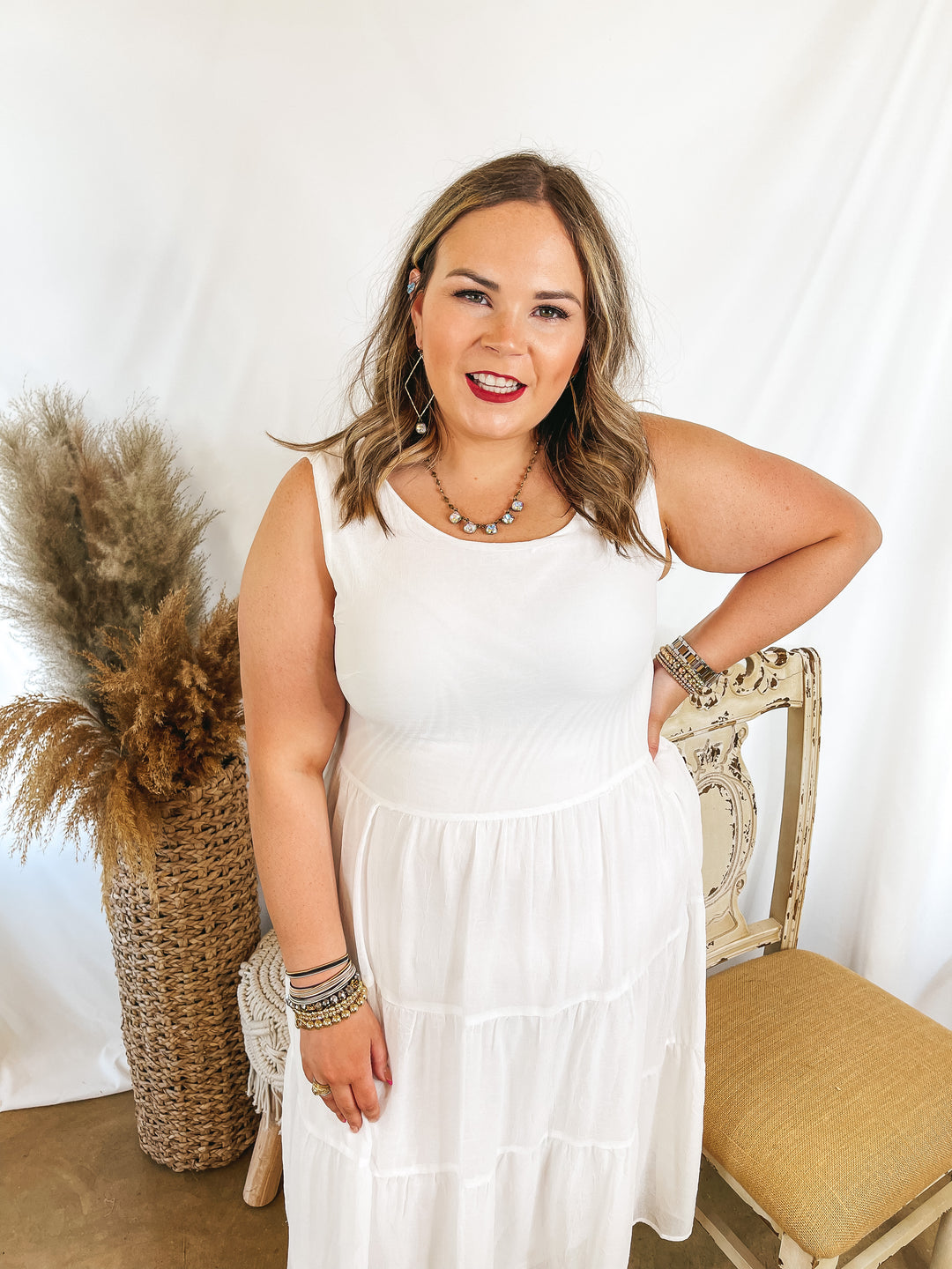 Mark My Words Tiered Tank Midi Dress in White - Giddy Up Glamour Boutique