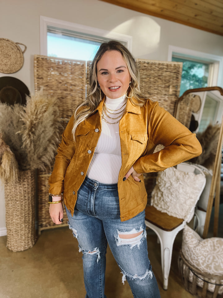 Small Town Girl Floral Embroidered Suede Button Up Jacket in Camel Brown - Giddy Up Glamour Boutique