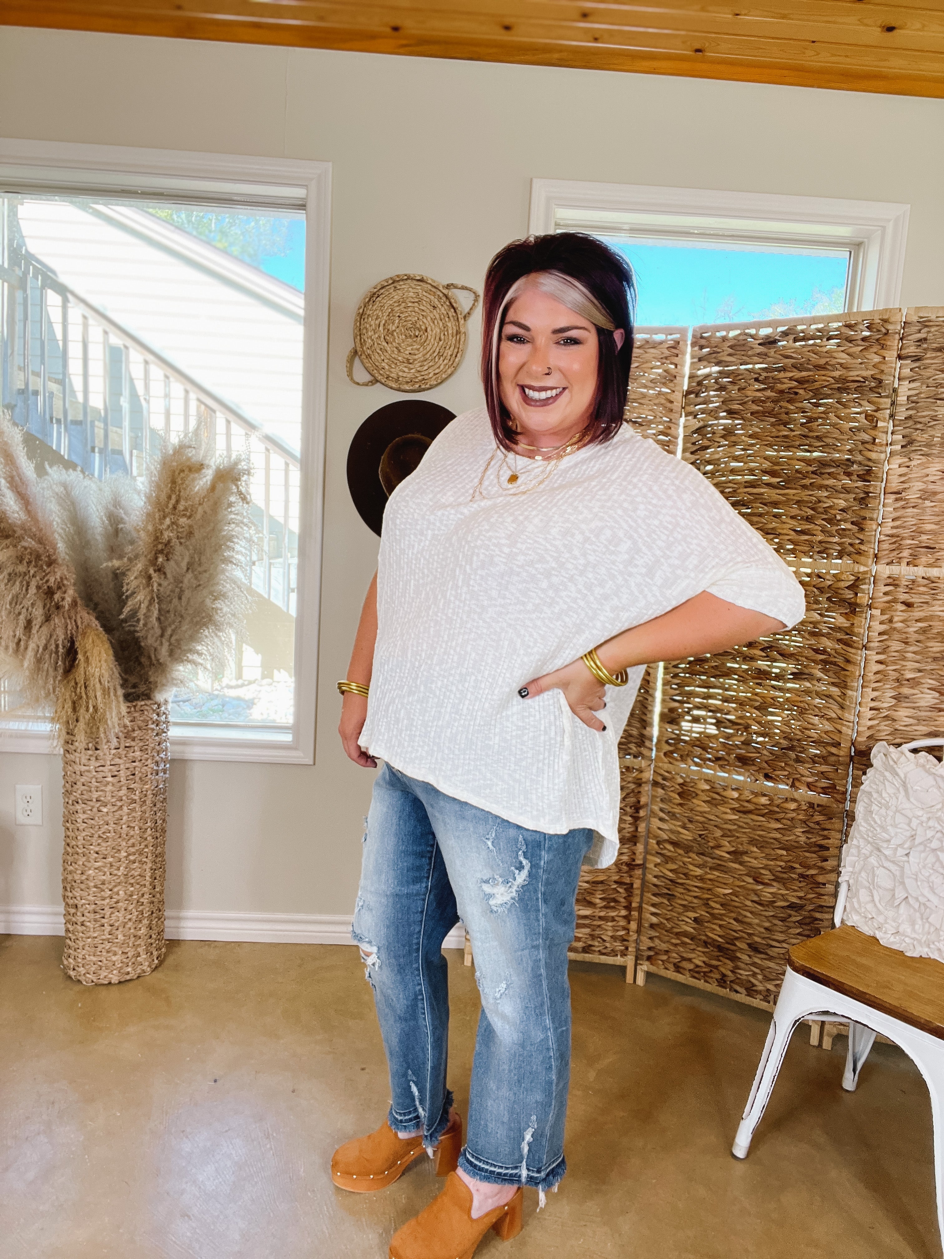 Corner Cafe Ribbed Poncho Top in Ivory - Giddy Up Glamour Boutique