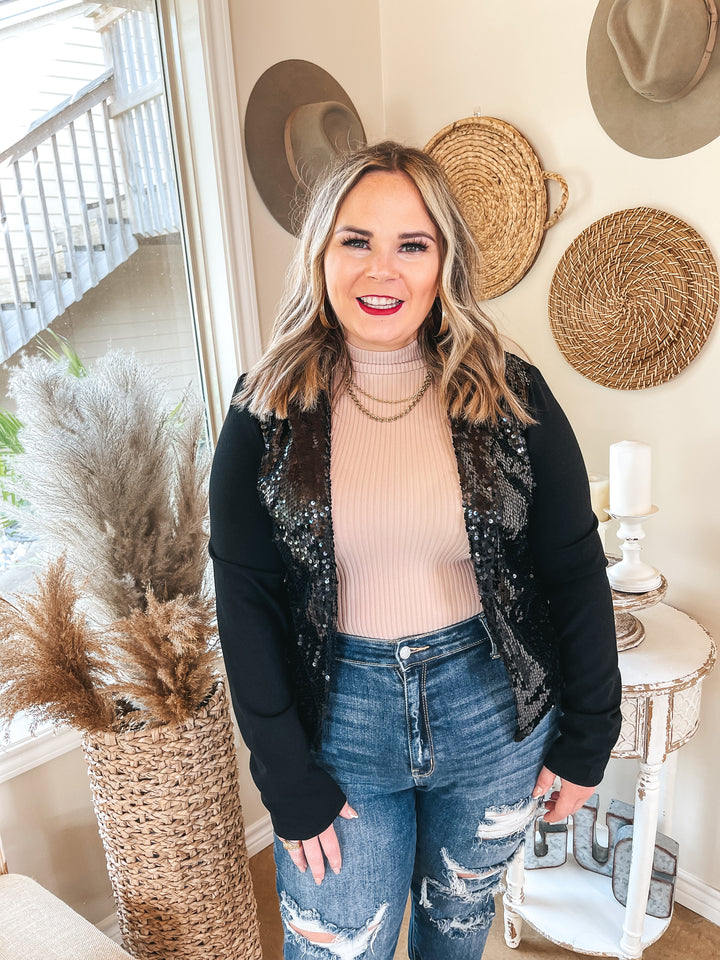 Dallas Skyline Sequin Front Blazer in Black - Giddy Up Glamour Boutique