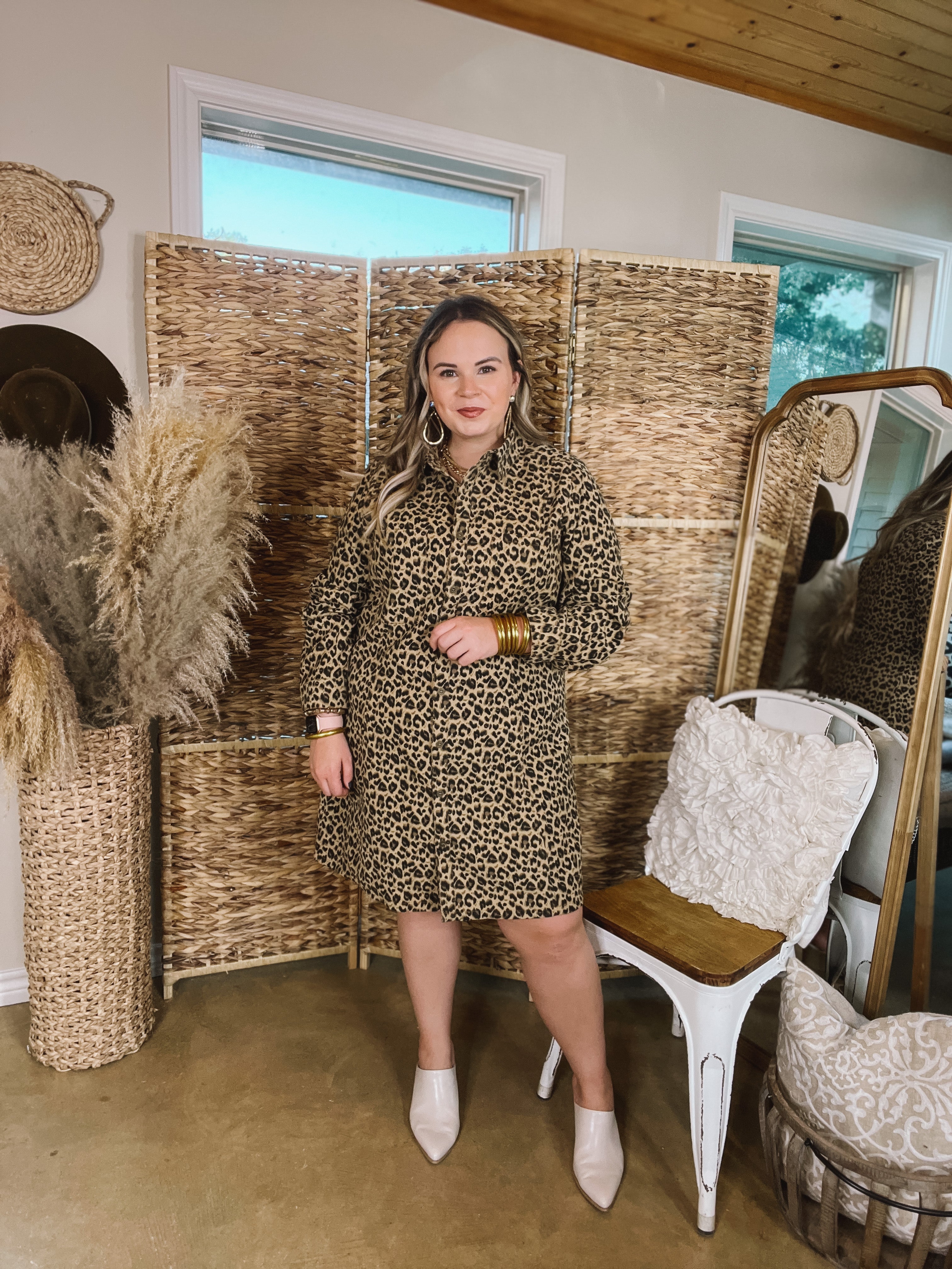 Manhattan Minute Leopard Print Button Up Dress with Long Sleeves - Giddy Up Glamour Boutique