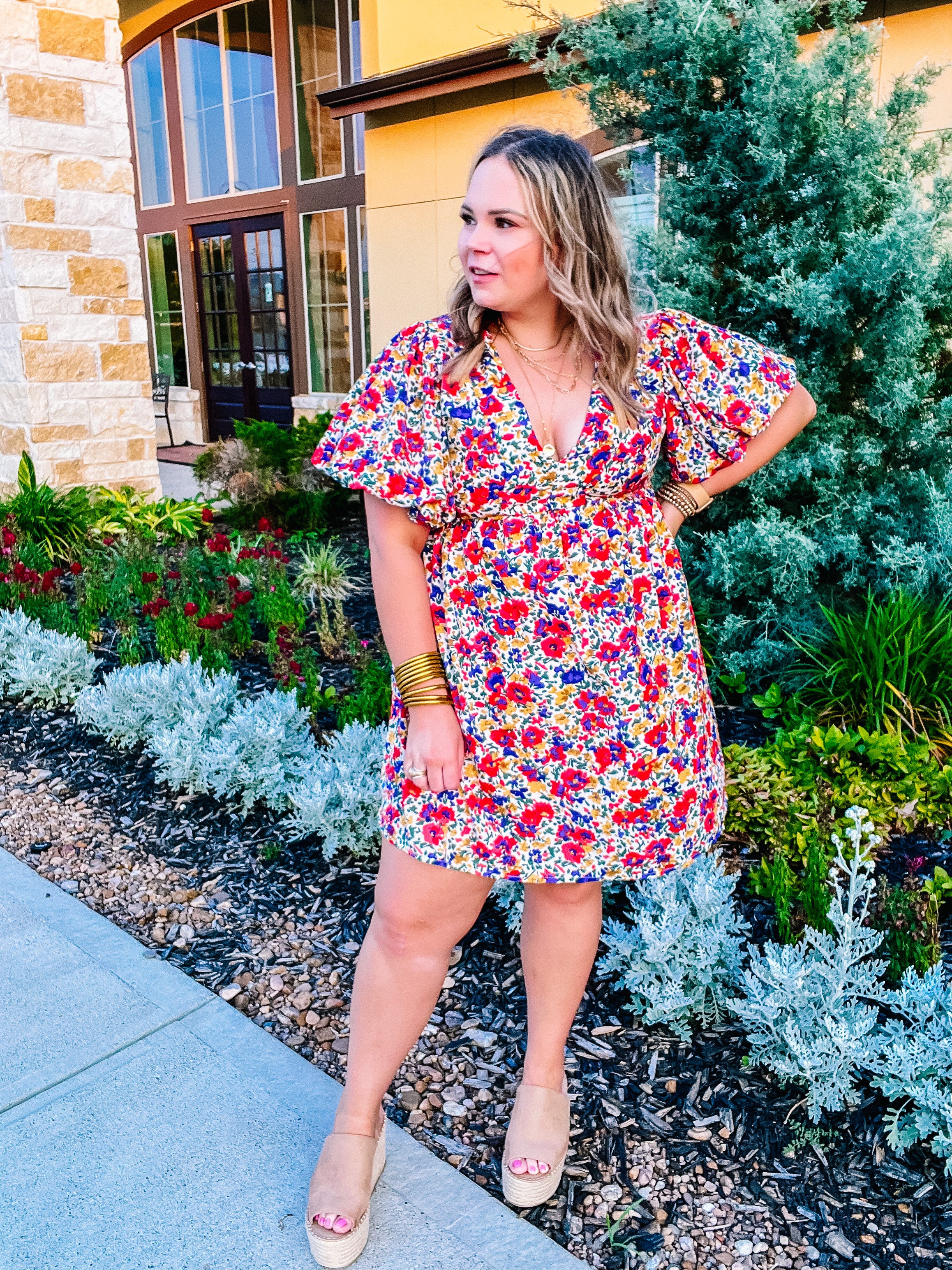 Party On the Patio Floral Print V Neck Dress in Red and Blue - Giddy Up Glamour Boutique