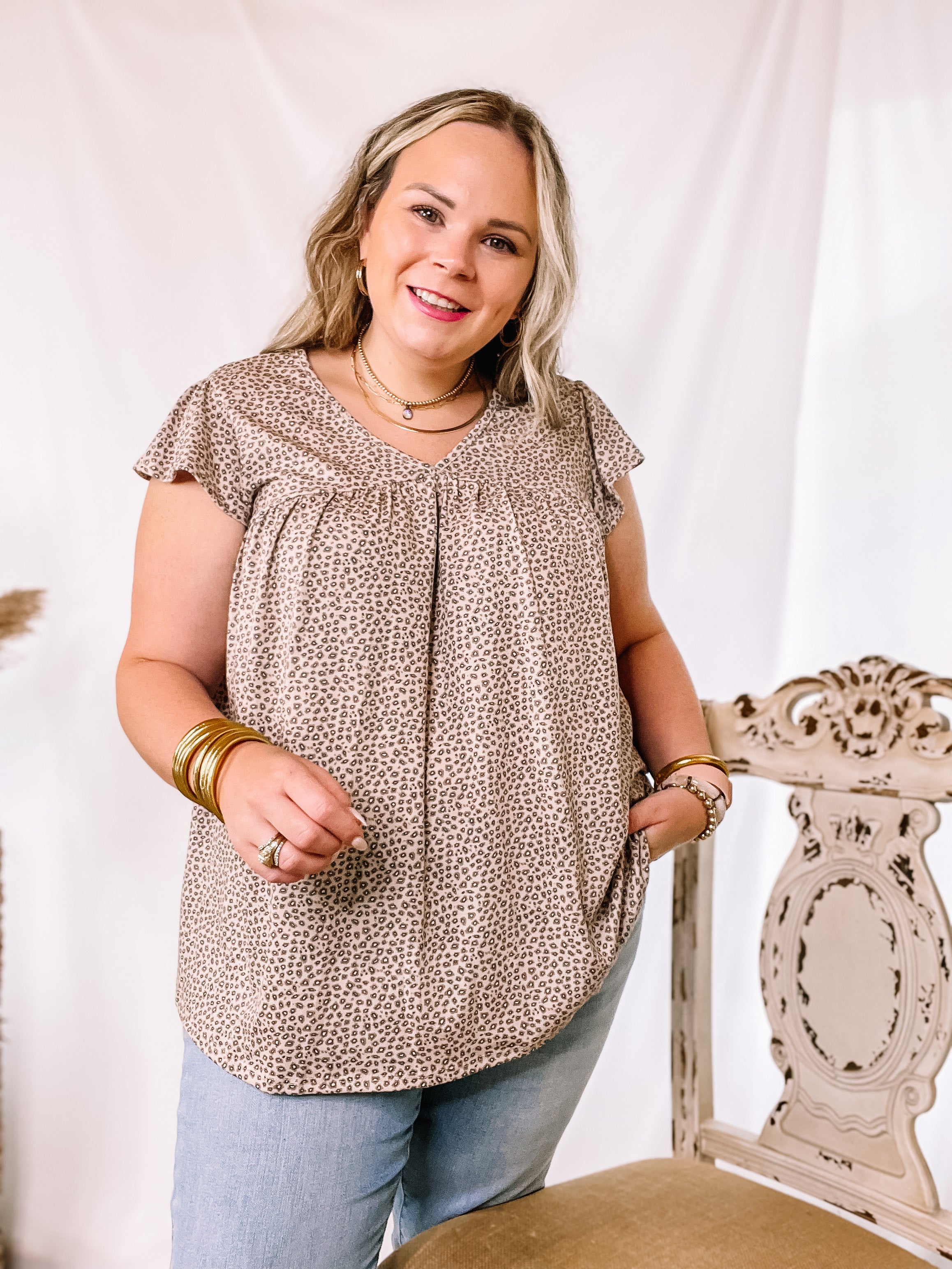 Look Who's Trending Small Leopard Print V Neck Top with Ruffle Cap Sleeves - Giddy Up Glamour Boutique