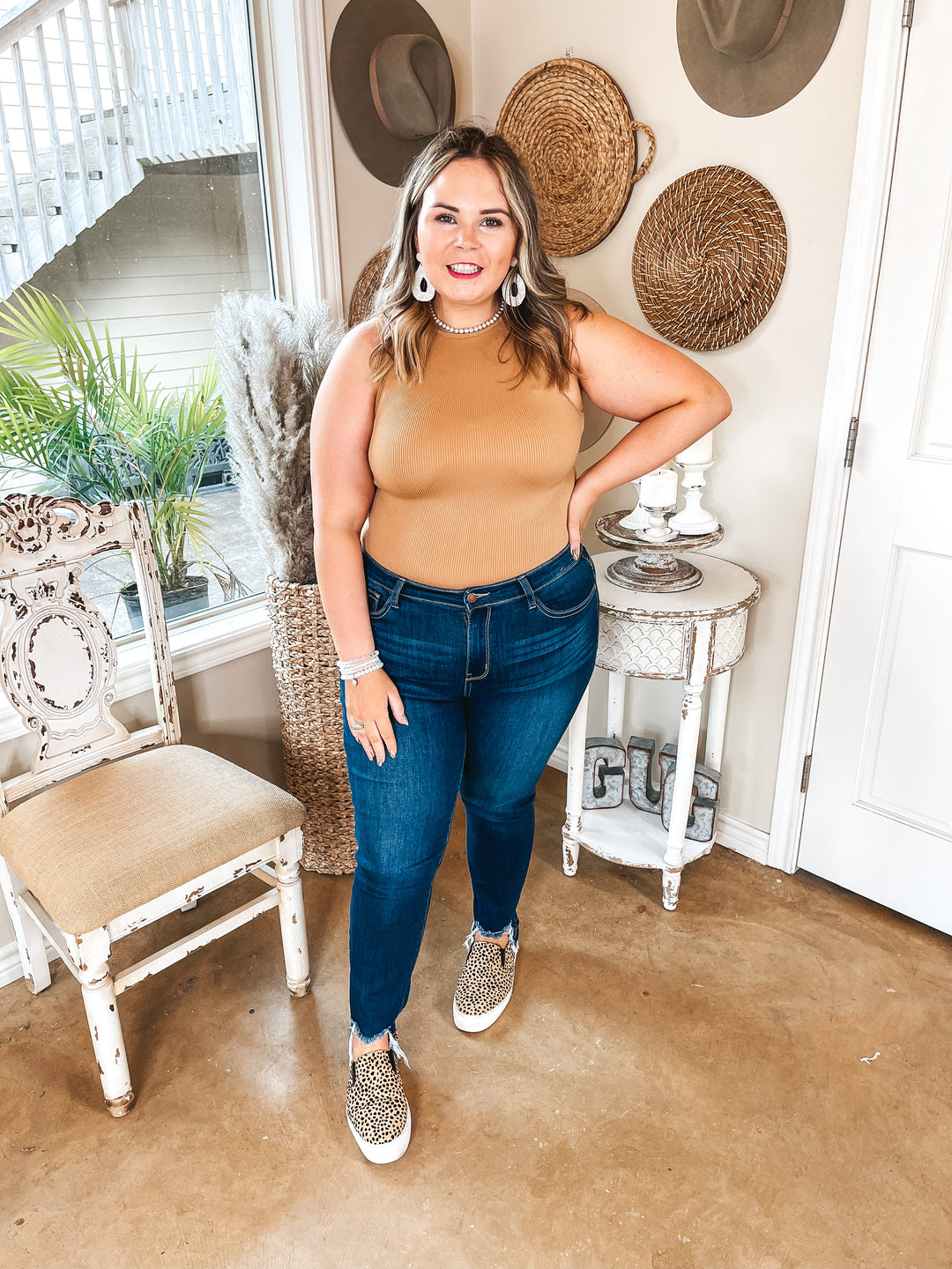 On the Lookout High Neck Ribbed Tank Top Bodysuit in Caramel Brown - Giddy Up Glamour Boutique