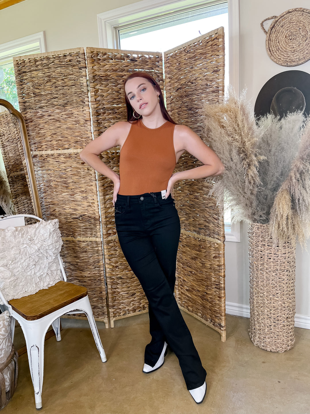 Love and Leisure High Neck Ribbed Tank Top Bodysuit in Clay Orange - Giddy Up Glamour Boutique