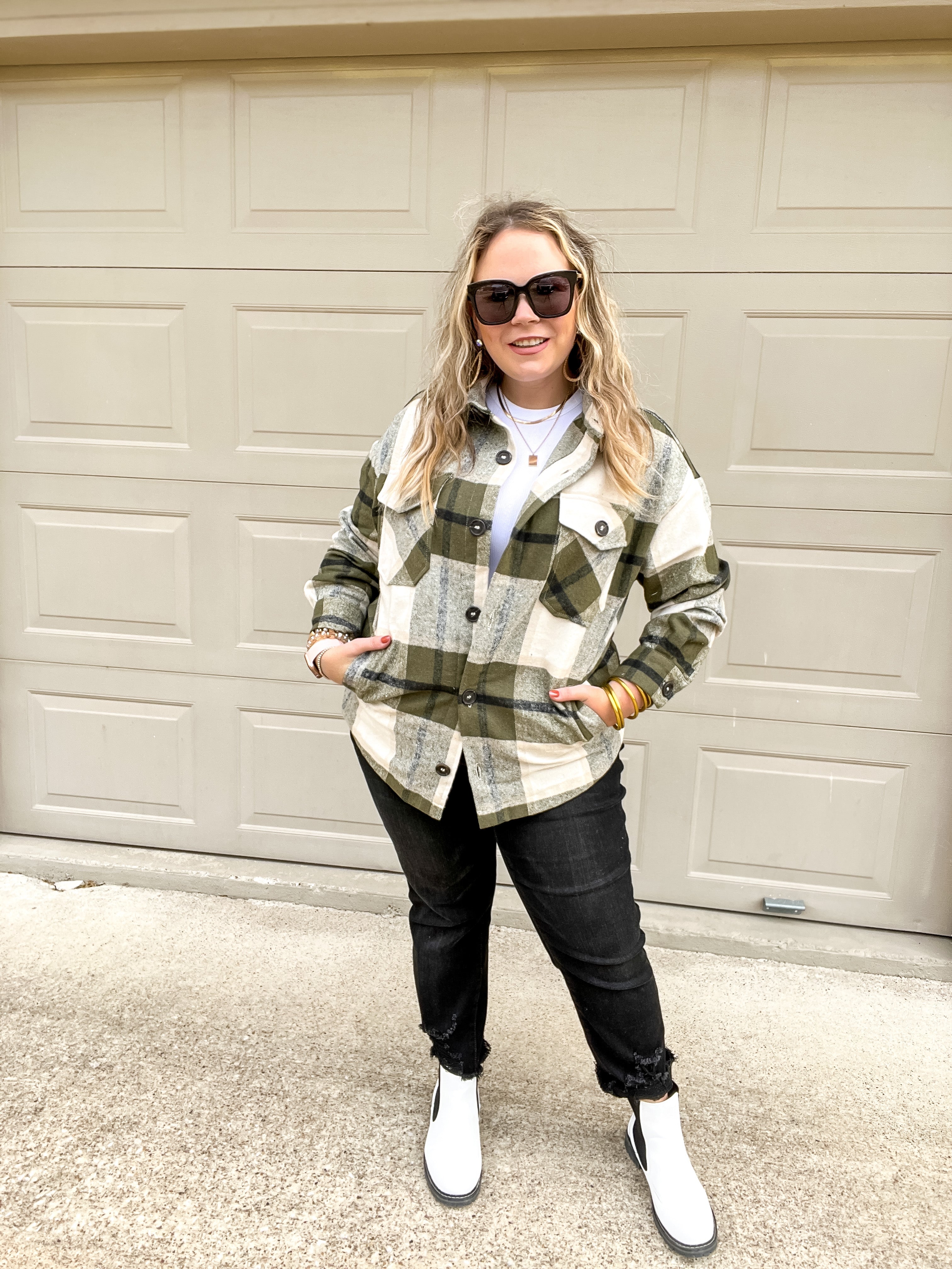 Autumn Air Plaid Button Up Shacket in Olive - Giddy Up Glamour Boutique