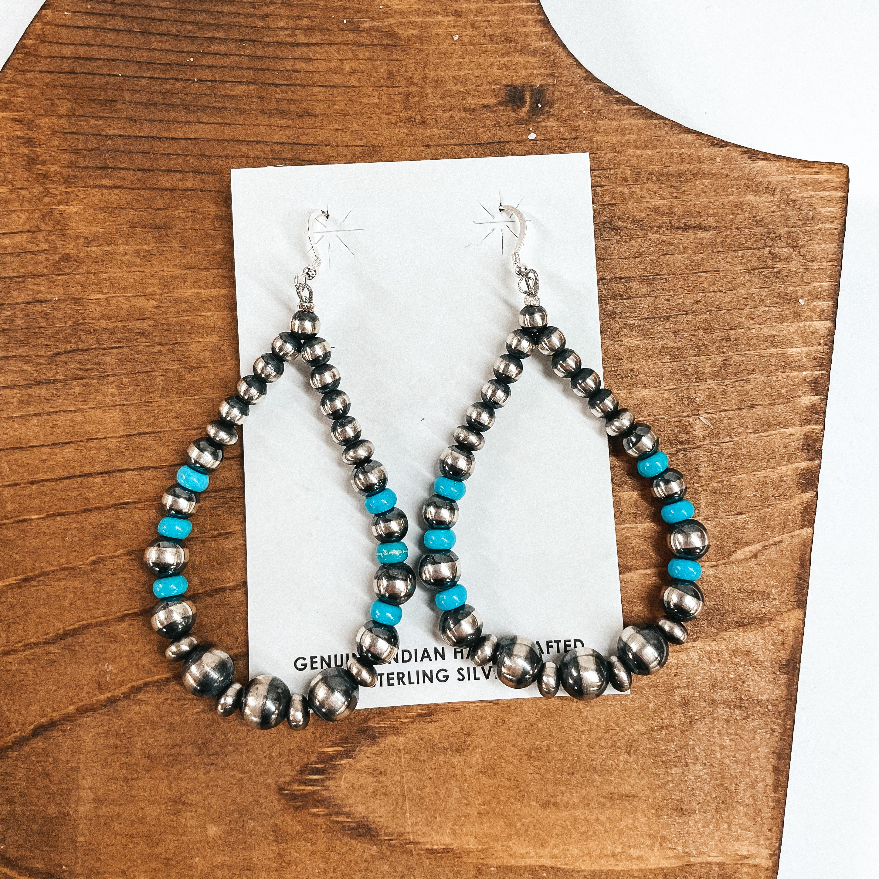 Navajo | Navajo Handmade Sterling Silver Navajo Pearl Teardrop Earrings with Turquoise Beads - Giddy Up Glamour Boutique