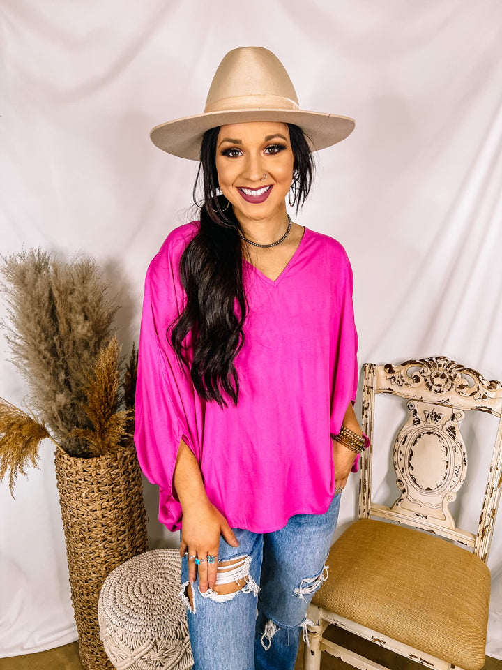No Rules V Neck Poncho Top in Fuchsia Pink - Giddy Up Glamour Boutique