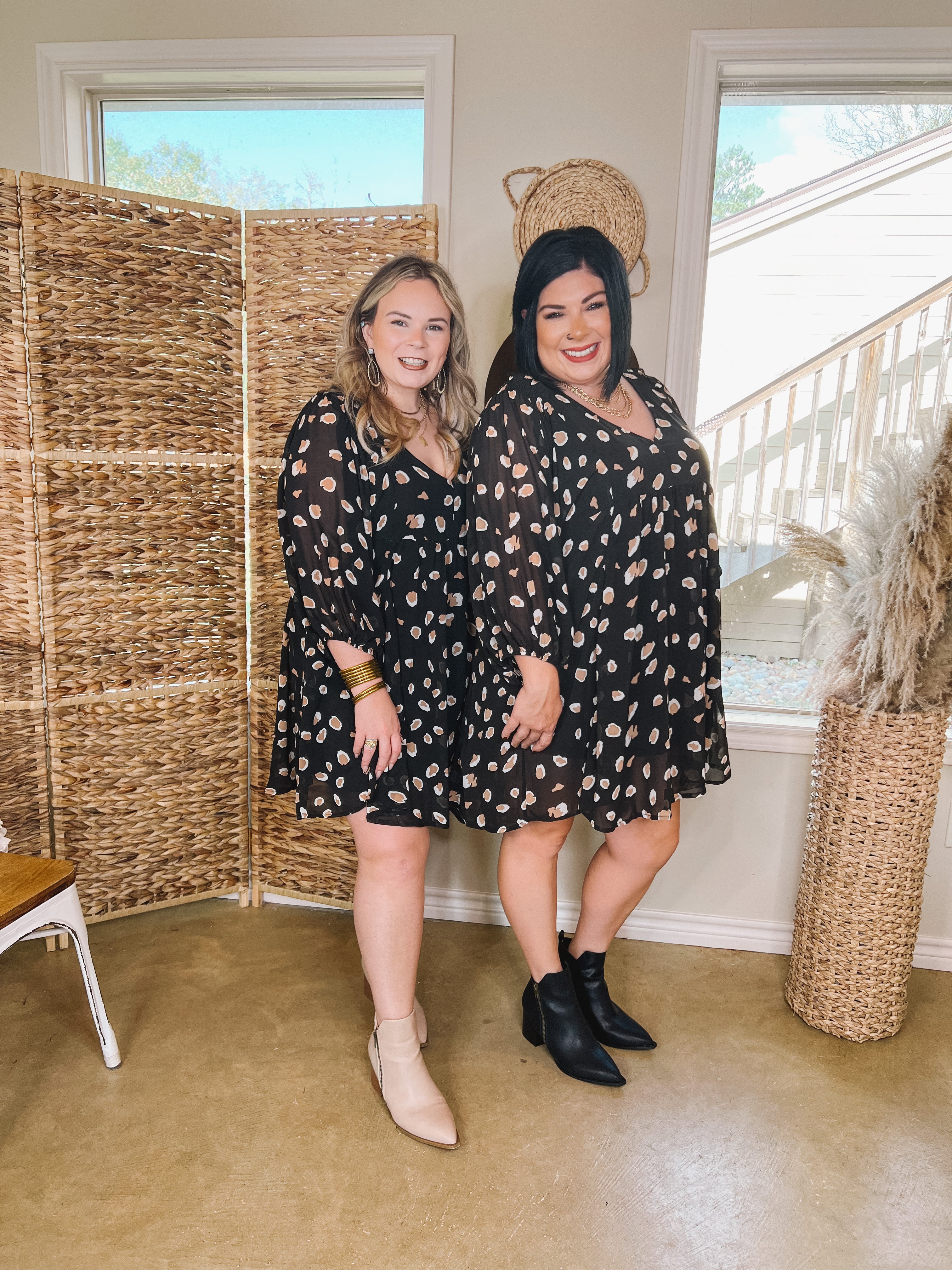 Highlight This Taupe and Ivory Dotted Dress in Black - Giddy Up Glamour Boutique
