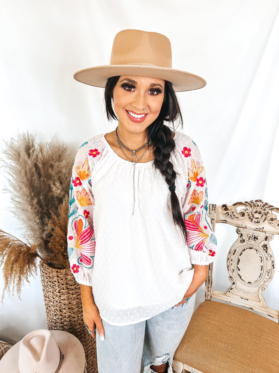 Right About You Floral Embroidered 3/4 Sleeve Top in White - Giddy Up Glamour Boutique
