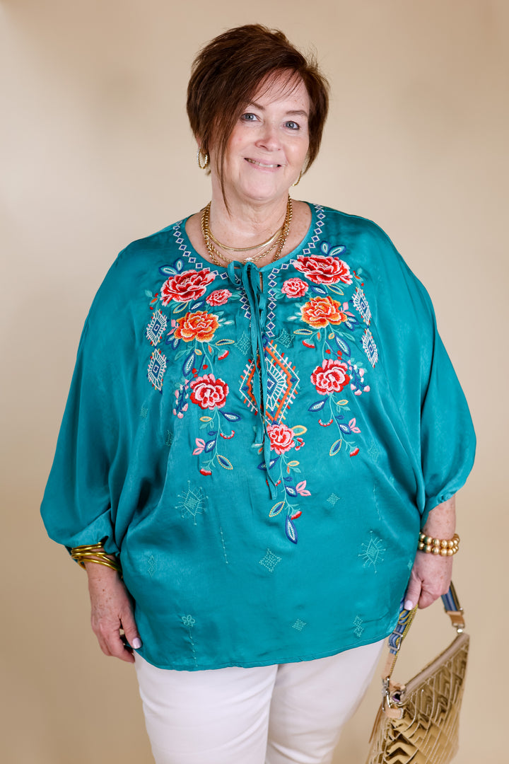 Never Out Done Floral Embroidered Poncho Top with Front Keyhole in Teal - Giddy Up Glamour Boutique