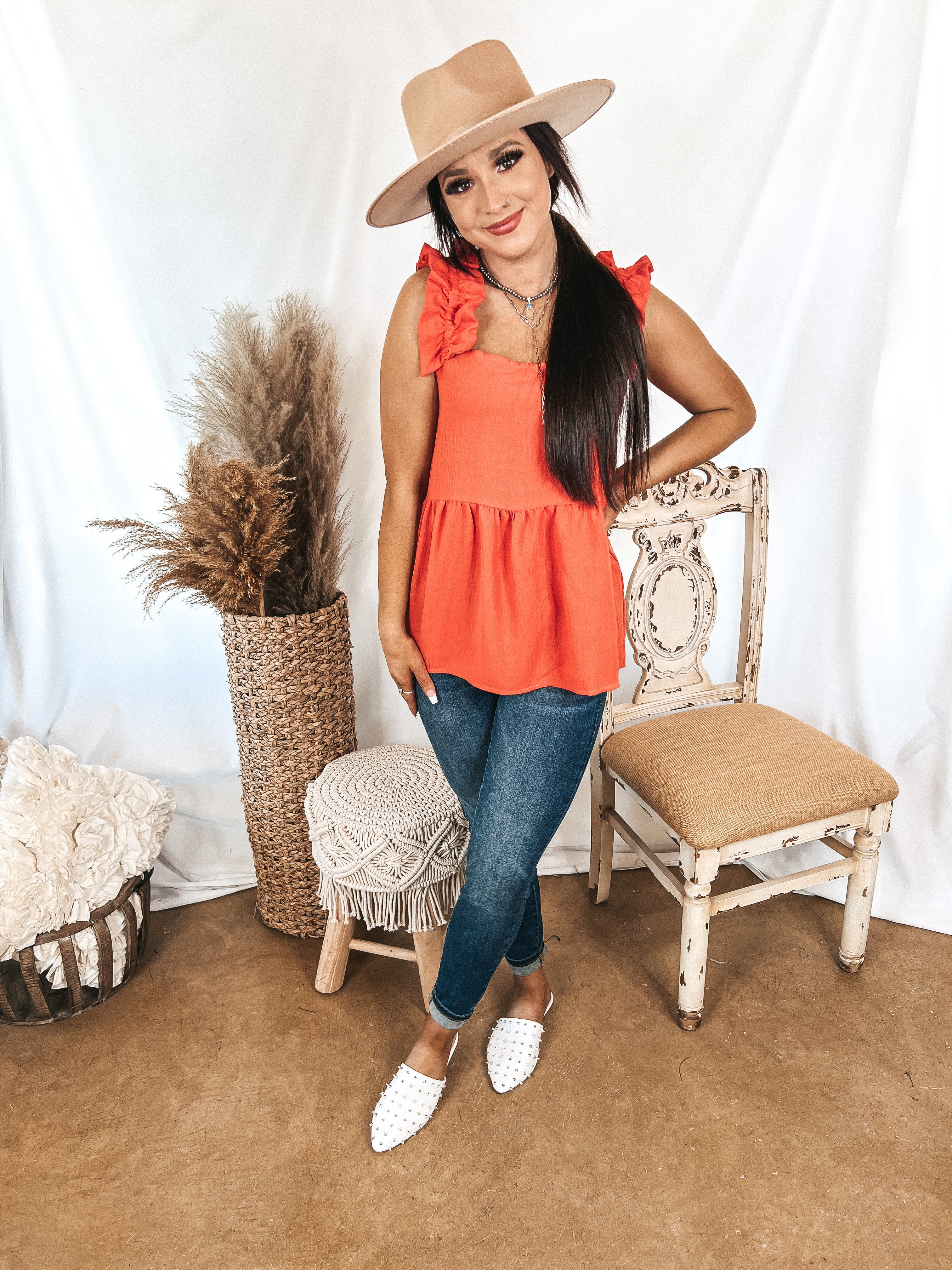 Instant Confidence Ruffle Strap Babydoll Tank Top in Coral Orange - Giddy Up Glamour Boutique