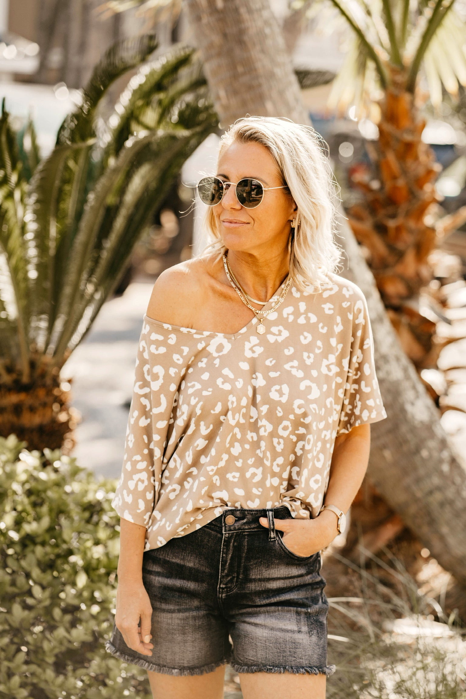 Catching Flights Leopard V Neck Shift Top in Latte and Ivory - Giddy Up Glamour Boutique