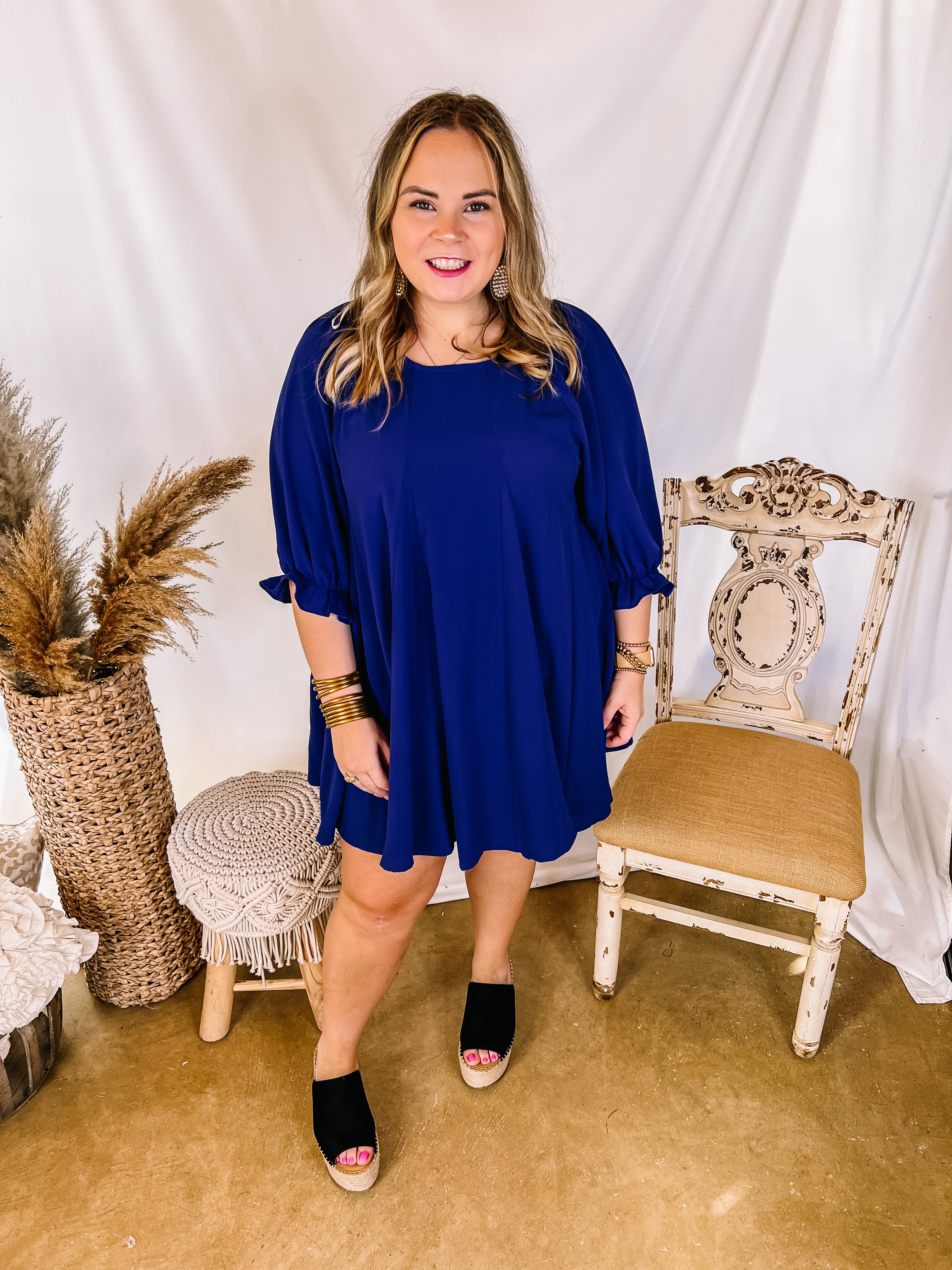 Last Chance Size Small | Back At It Half Sleeve Solid Dress in Dark Blue - Giddy Up Glamour Boutique