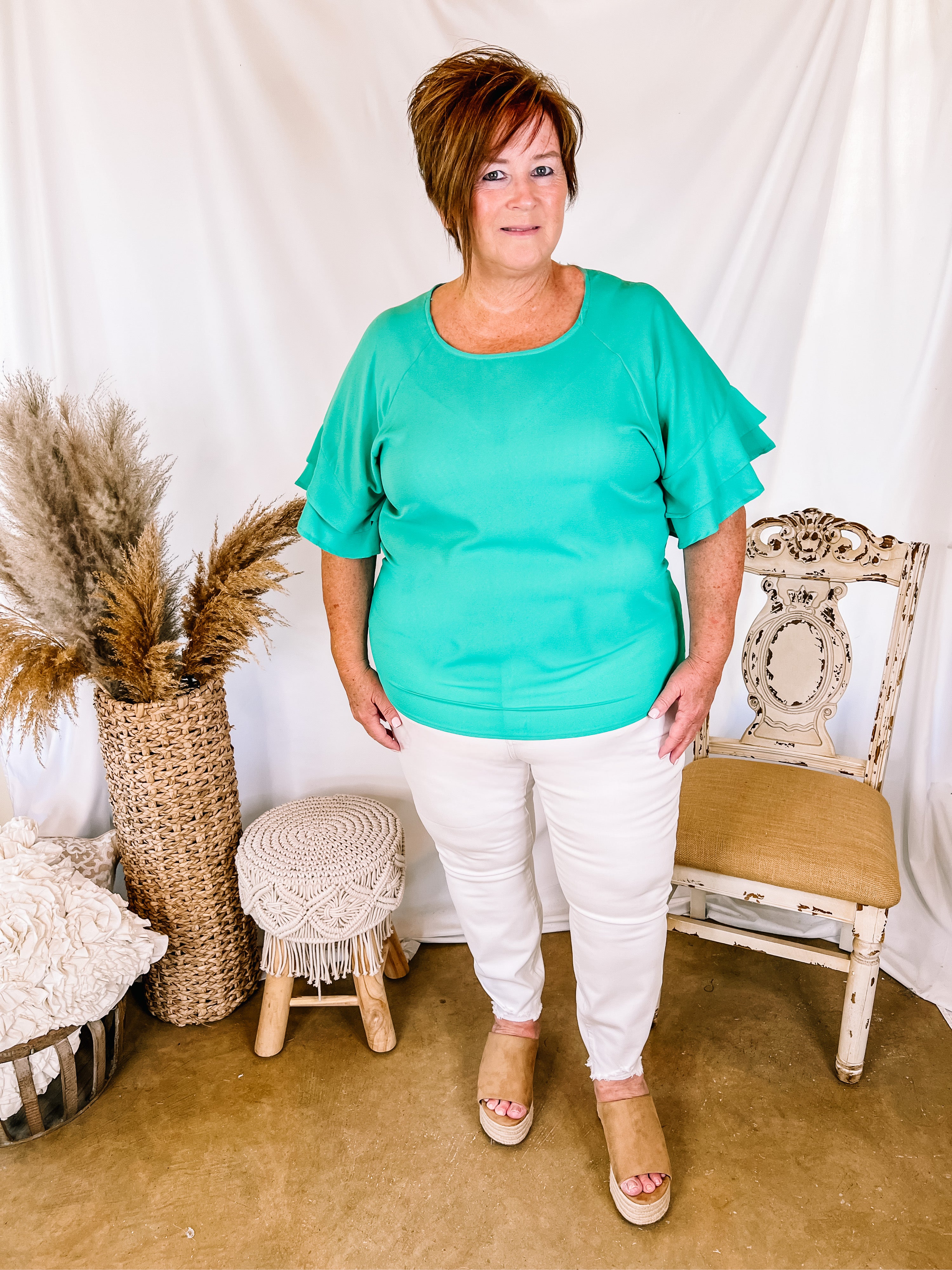 Basic Needs Ruffle Sleeve Top in Mint Green - Giddy Up Glamour Boutique