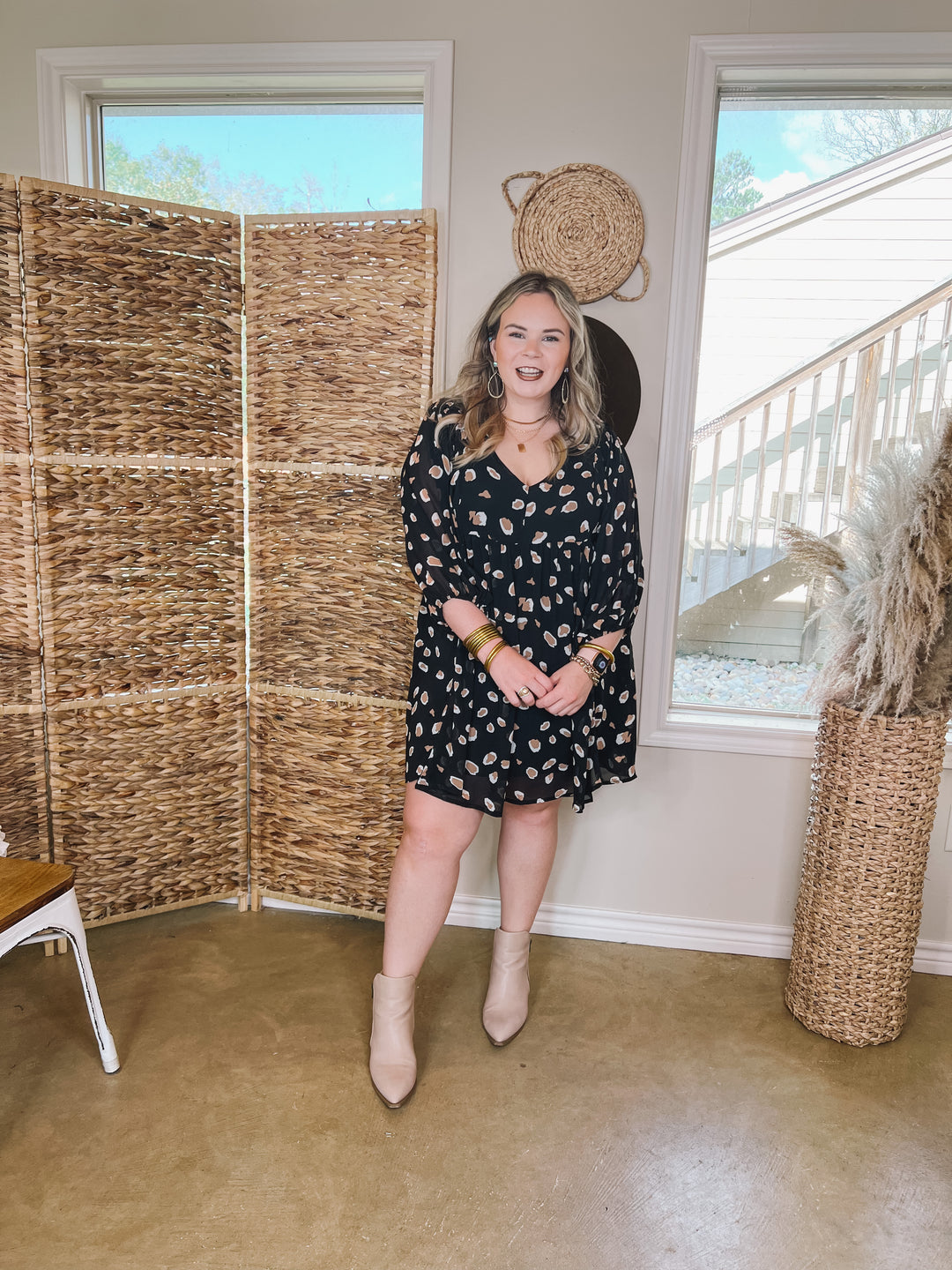 Highlight This Taupe and Ivory Dotted Dress in Black - Giddy Up Glamour Boutique