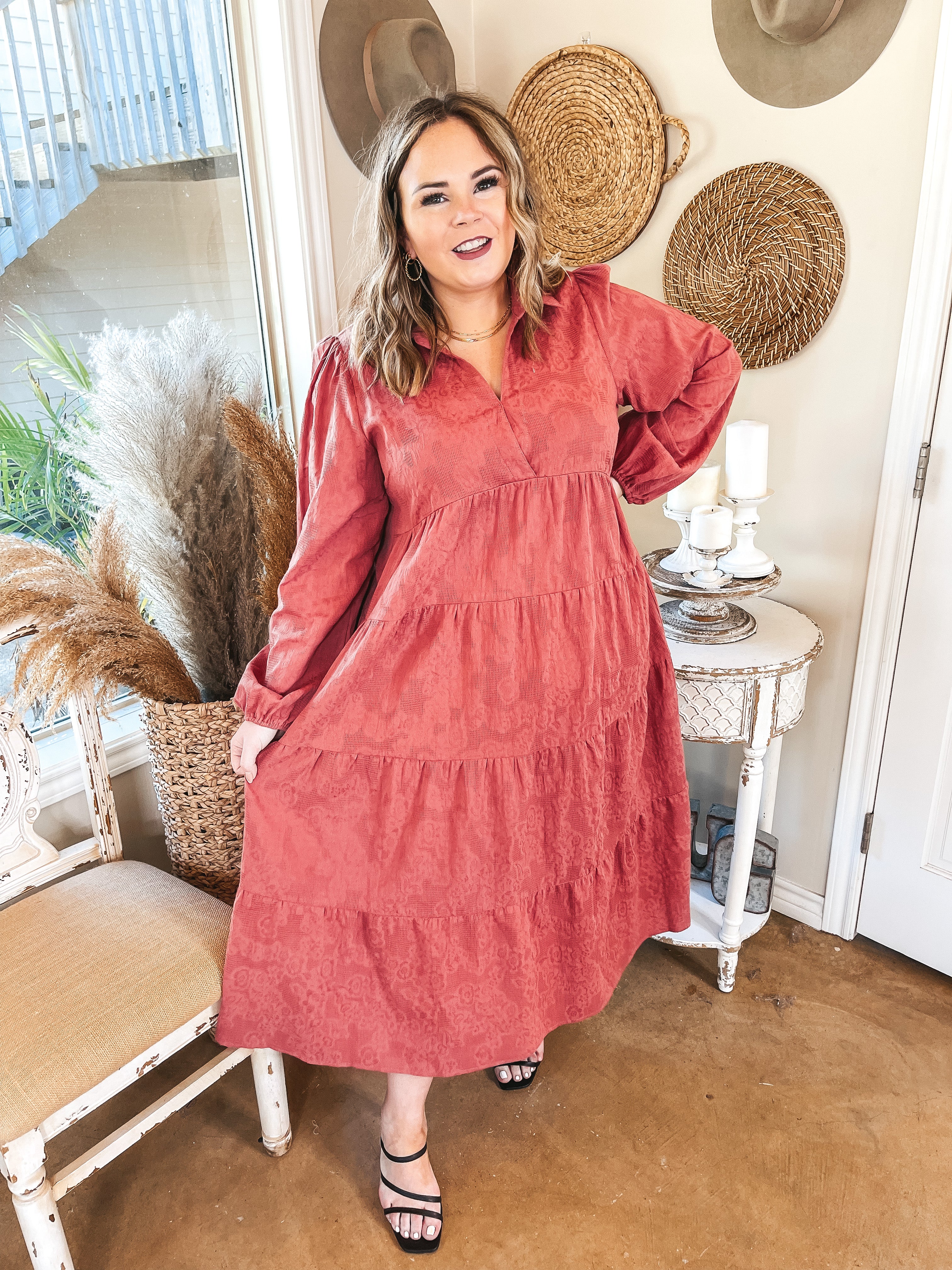 Sweet Glances Long Sleeve Tiered Midi Dress in Dusty Coral - Giddy Up Glamour Boutique