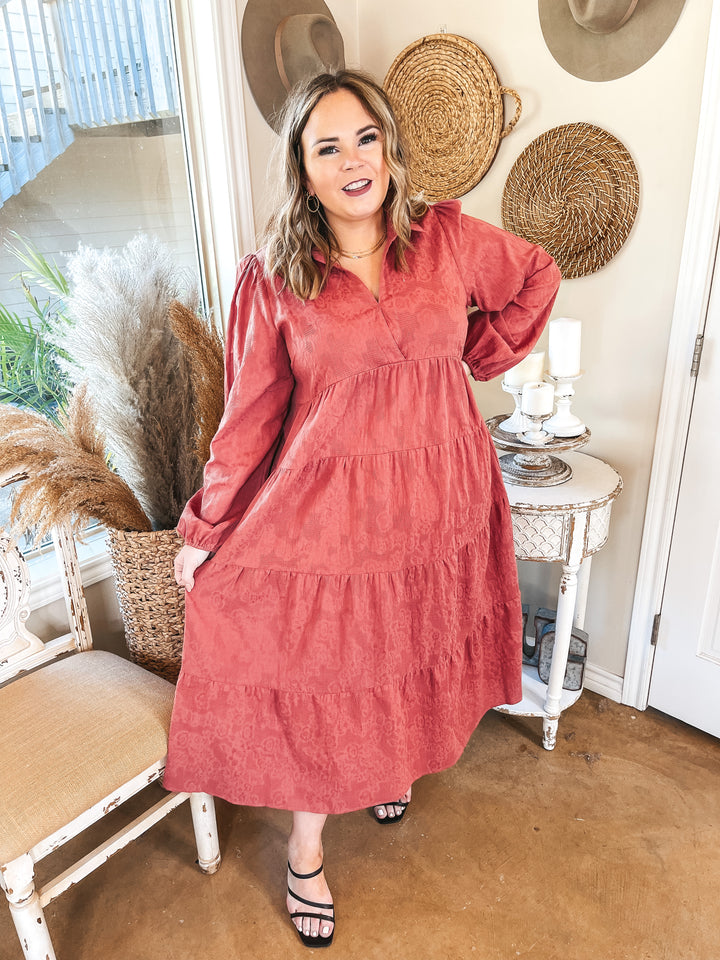 Sweet Glances Long Sleeve Tiered Midi Dress in Dusty Coral - Giddy Up Glamour Boutique