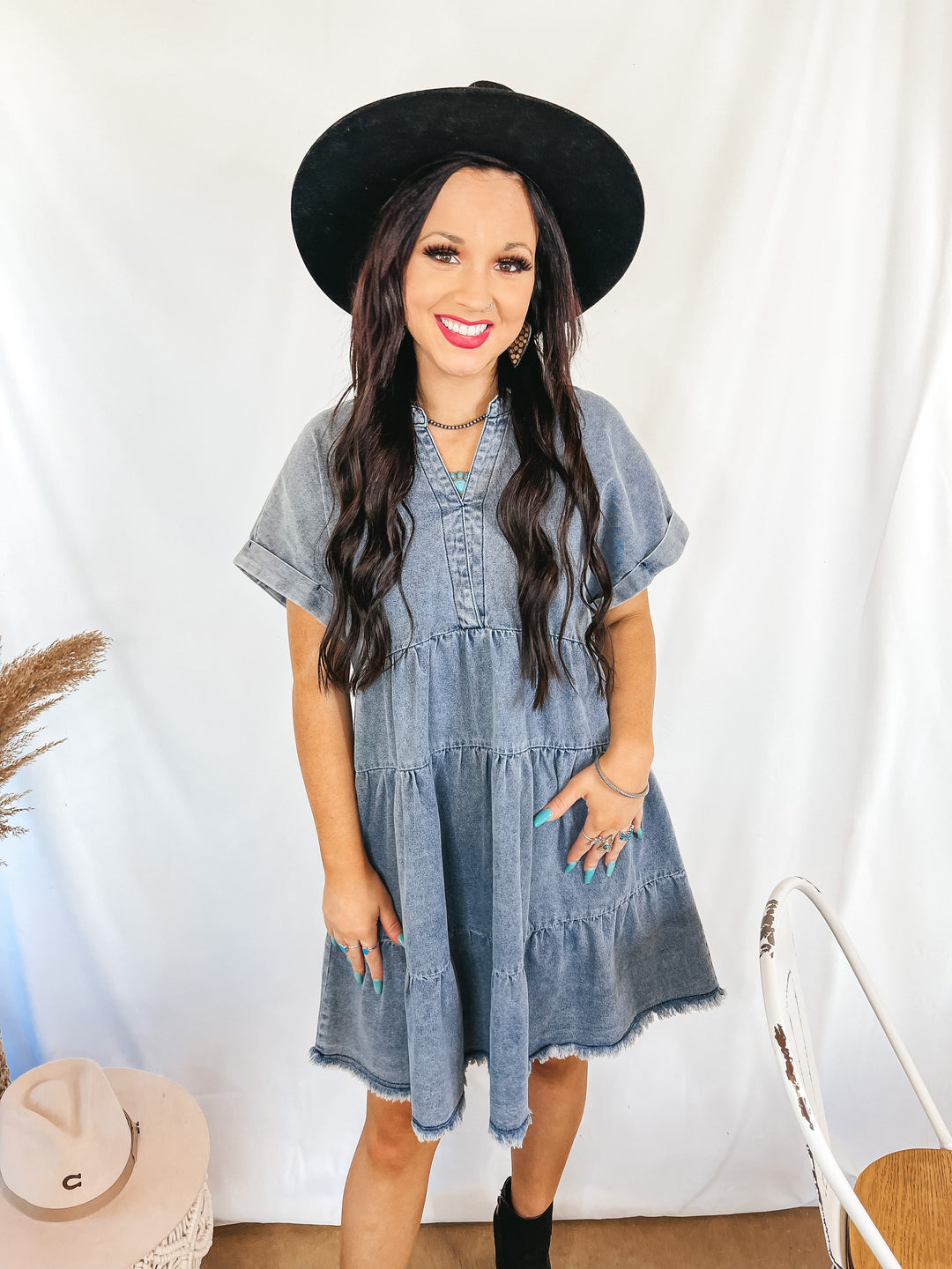 Wait List Tiered Denim Dress with Collared Neckline in Medium Wash - Giddy Up Glamour Boutique