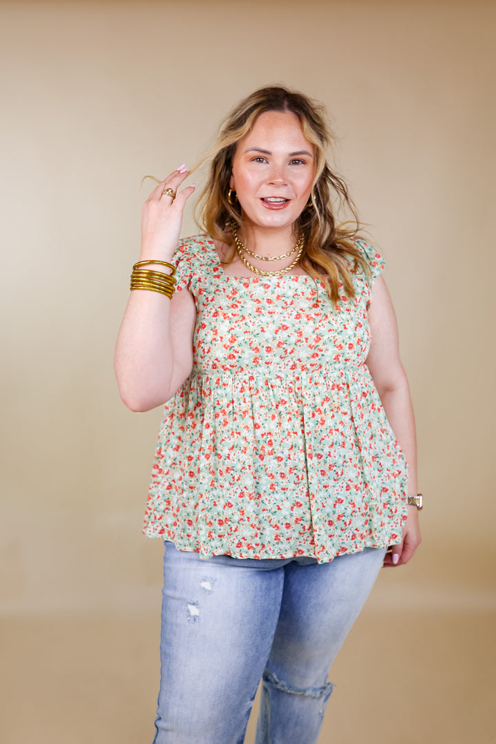 Magic Melody Floral Babydoll Tank Top in Light Sage Green - Giddy Up Glamour Boutique