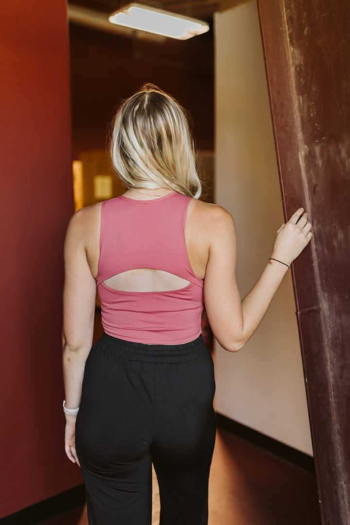 Perfect For Pilates Open Back Tank Top Sports Bra in Marsala Red - Giddy Up Glamour Boutique