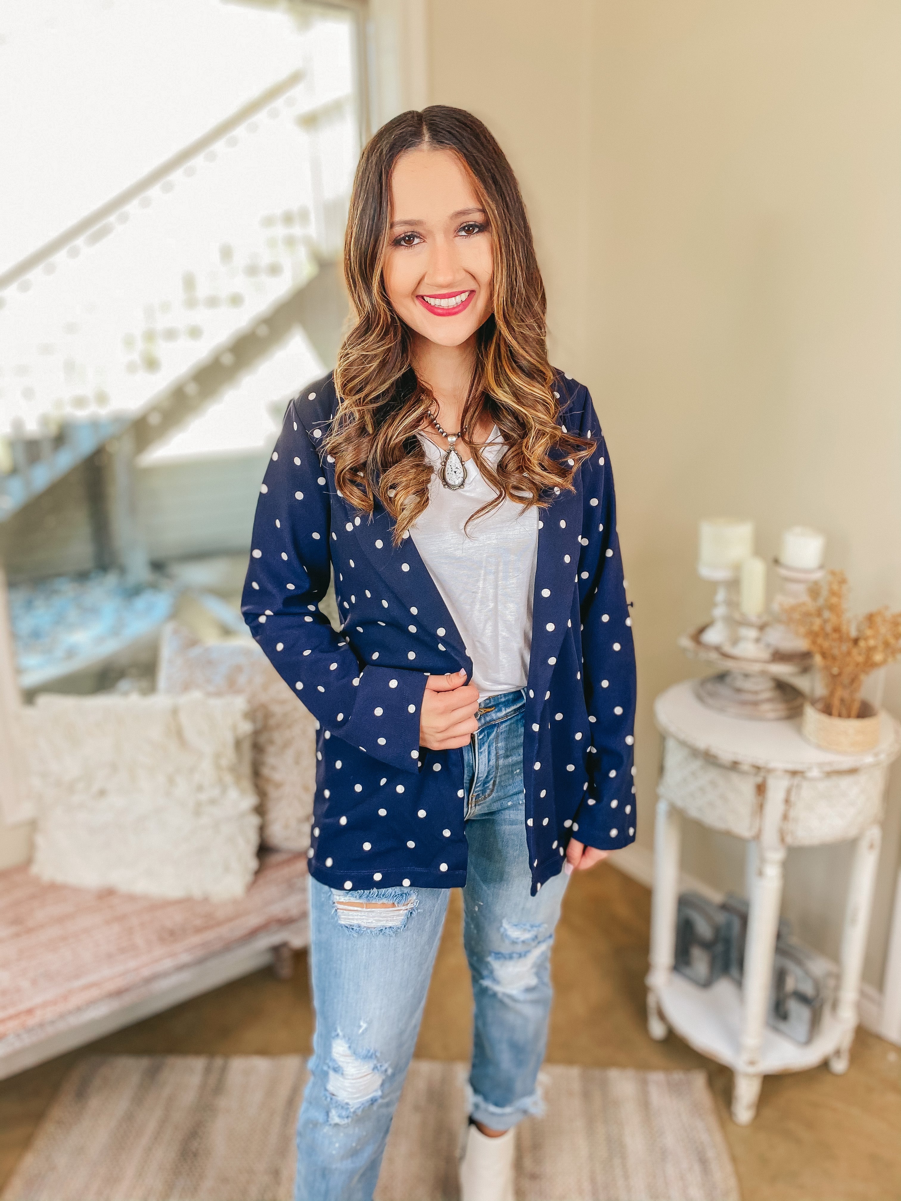 Out Of Office Polka Dot Open Front Blazer with Long Sleeves in Navy - Giddy Up Glamour Boutique