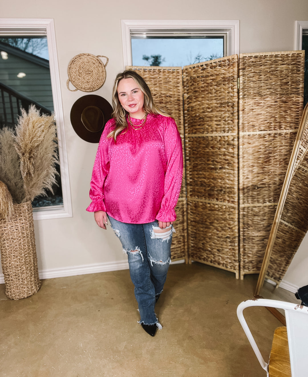 Mood Setter Ruffle Mock Neck Long Sleeve Leopard Print Satin Top in Hot Pink - Giddy Up Glamour Boutique