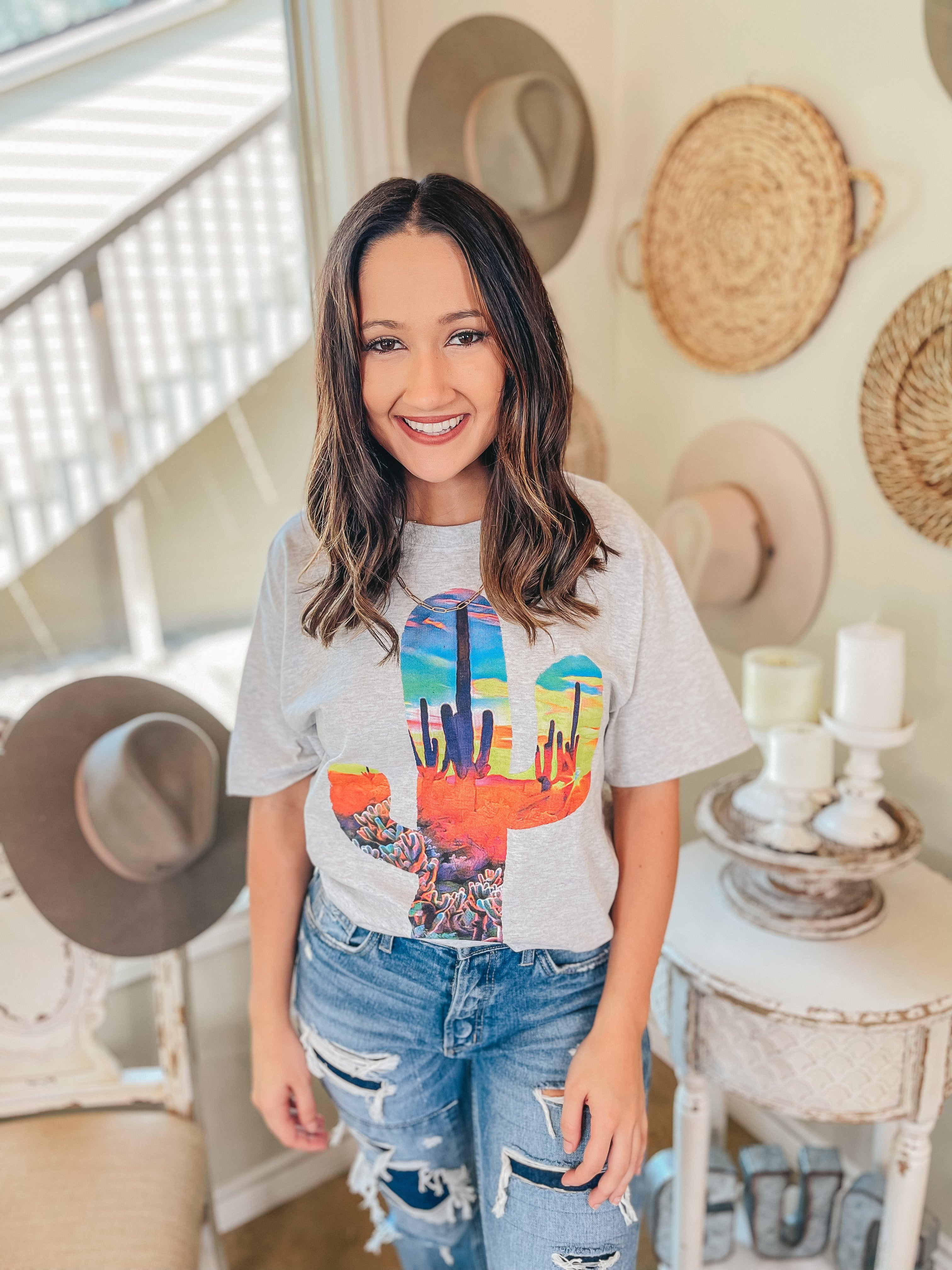 Painted Desert Saguaro Short Sleeve Graphic Tee in Heather Grey - Giddy Up Glamour Boutique