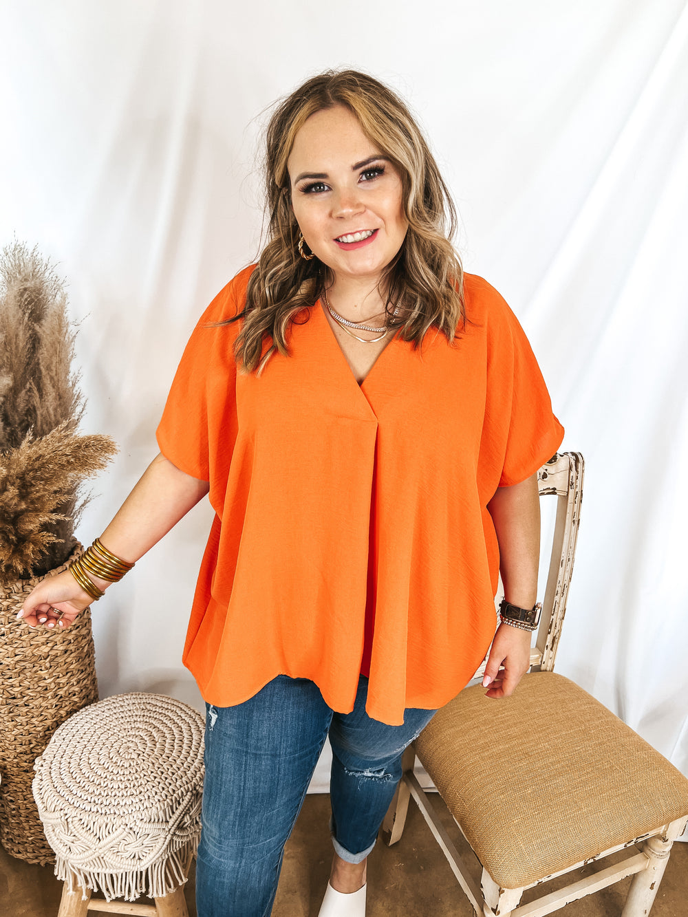 Weekend Out V Neck Placket Short Sleeve Top in Orange - Giddy Up Glamour Boutique