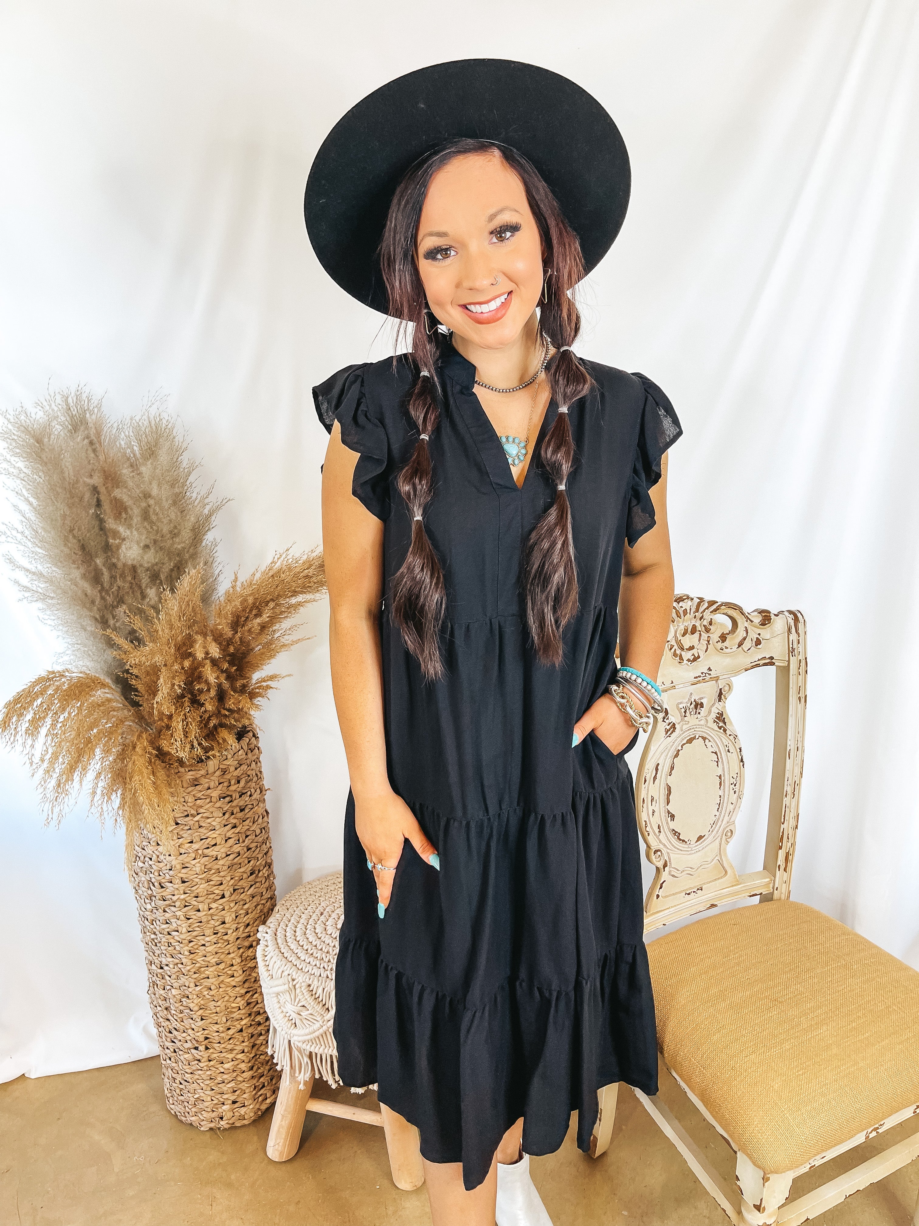Magnolia Morning Ruffle Cap Sleeve Tiered Midi Dress in Black - Giddy Up Glamour Boutique