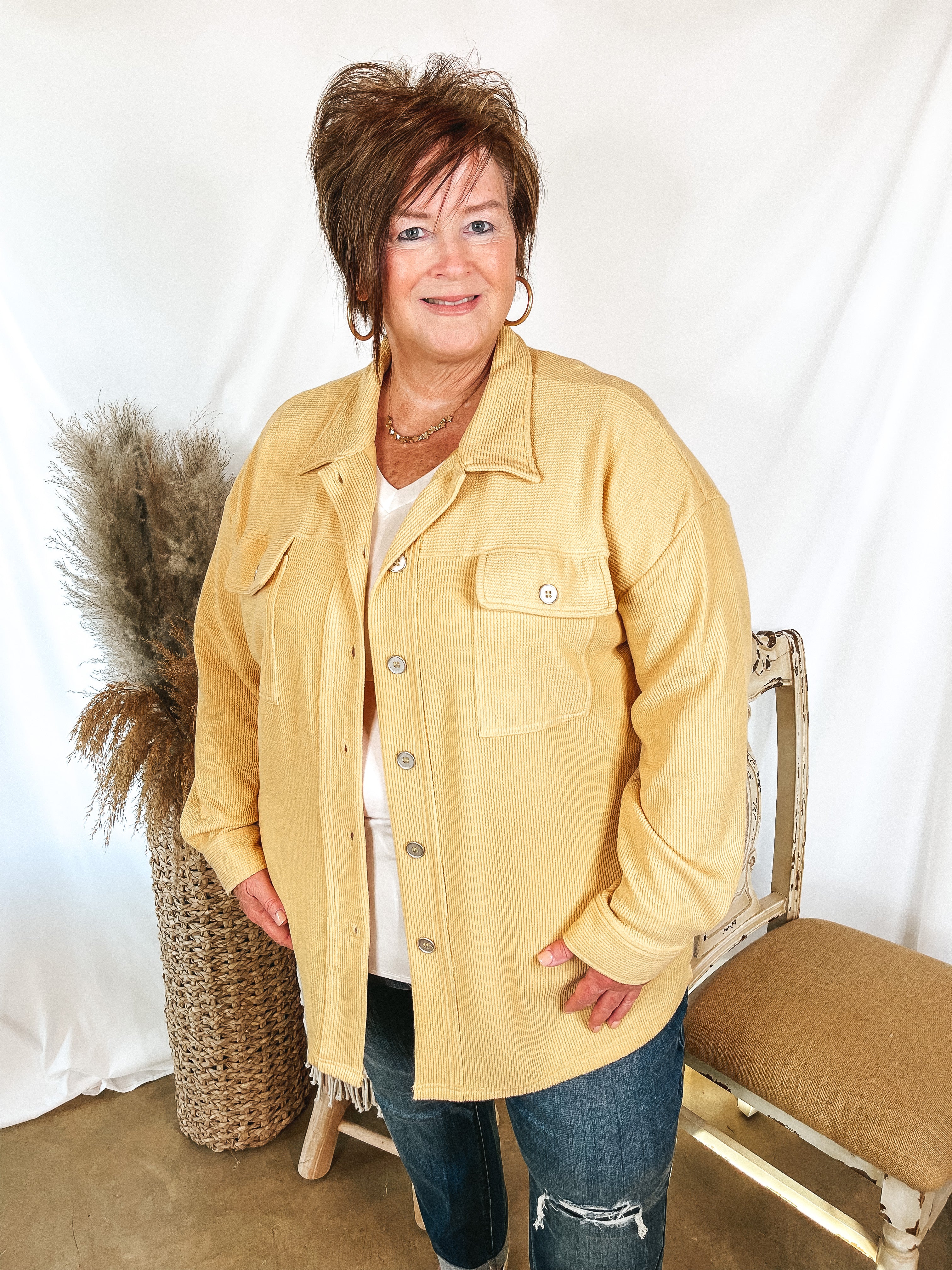 Say Less Button Up Knit Shacket in Straw Yellow - Giddy Up Glamour Boutique