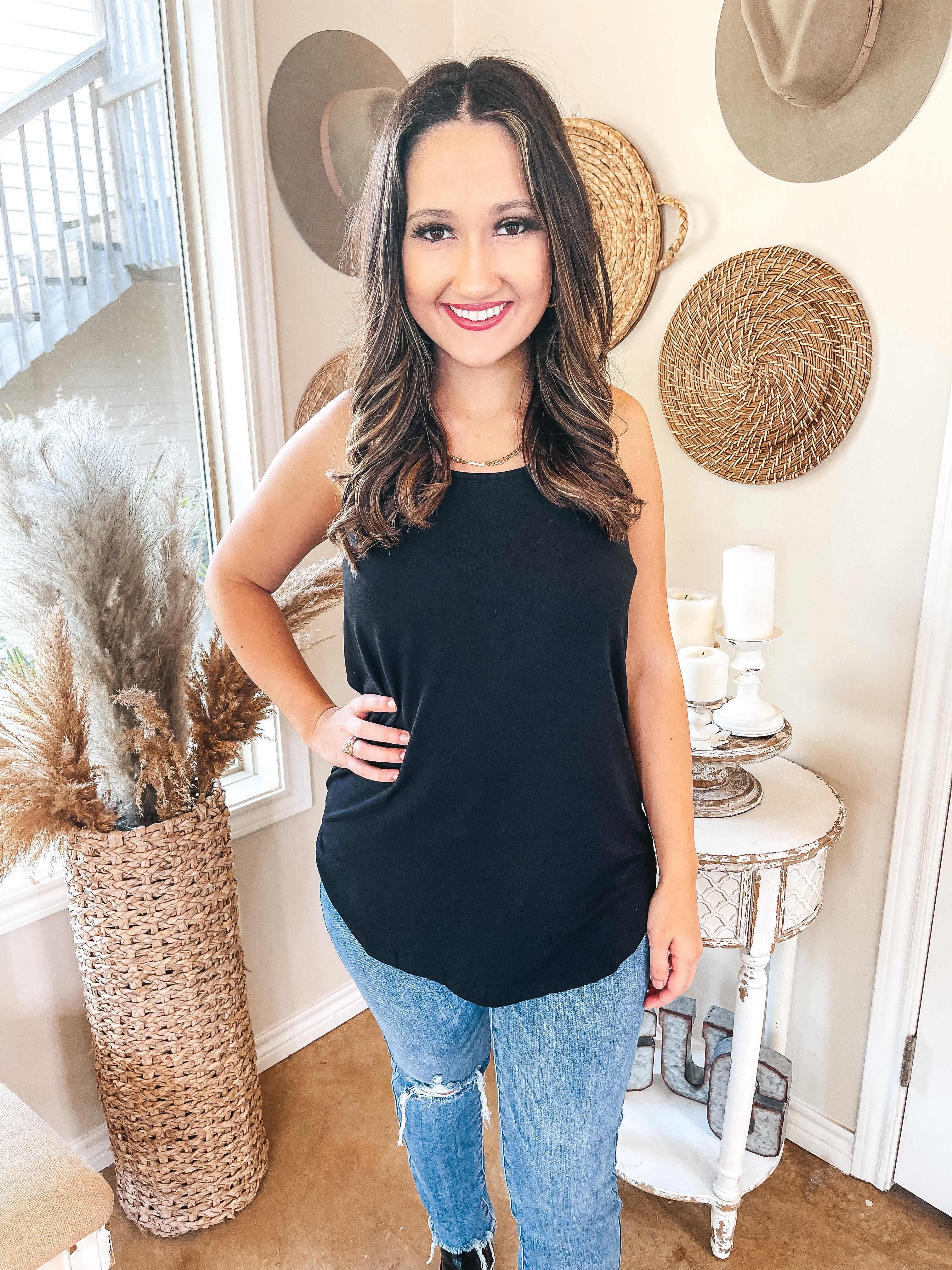 Always On Time Scoop Neck Tank Top in Black - Giddy Up Glamour Boutique