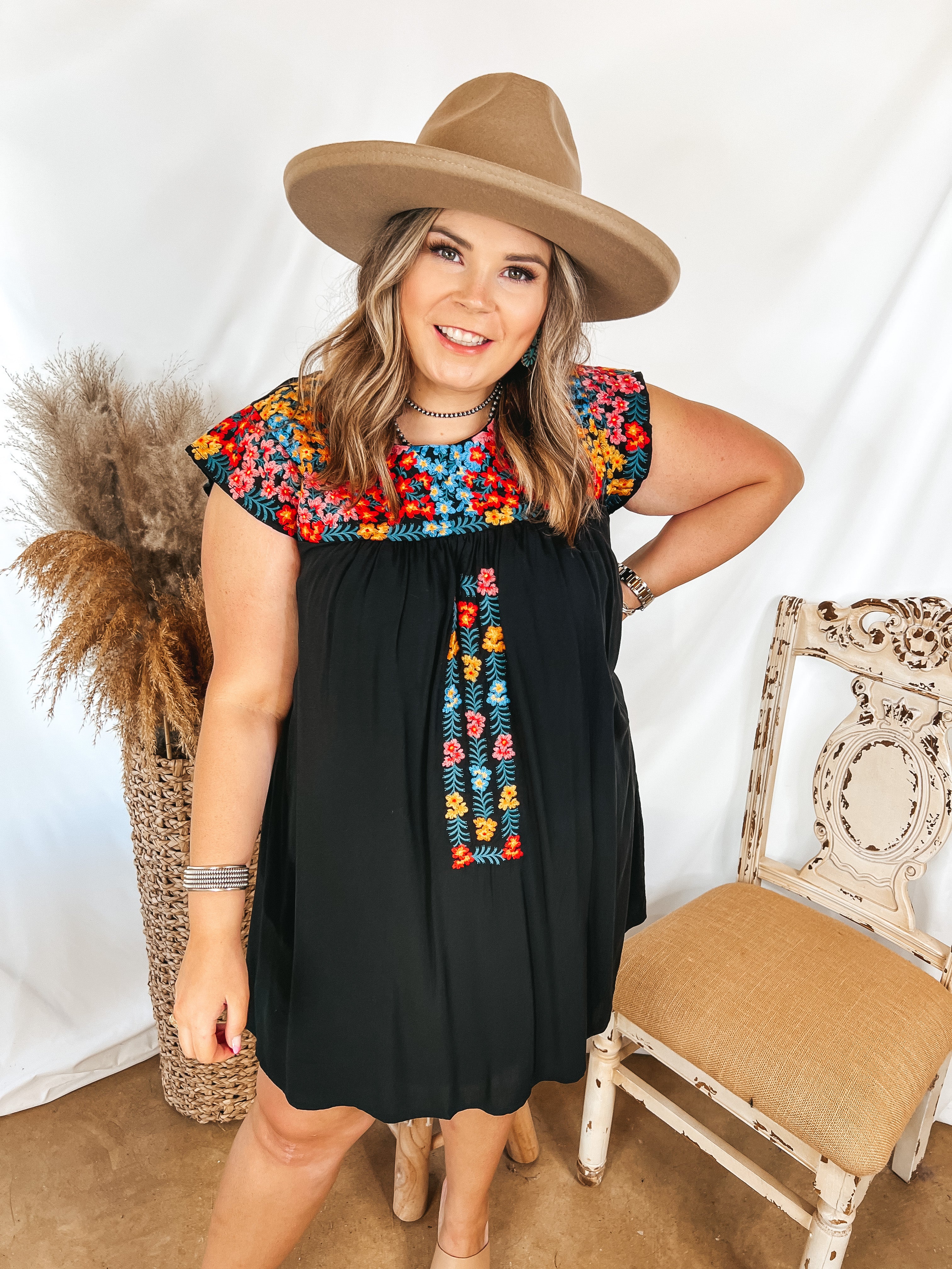 Headed For Happy Floral Embroidered Cap Sleeve Dress in Black - Giddy Up Glamour Boutique