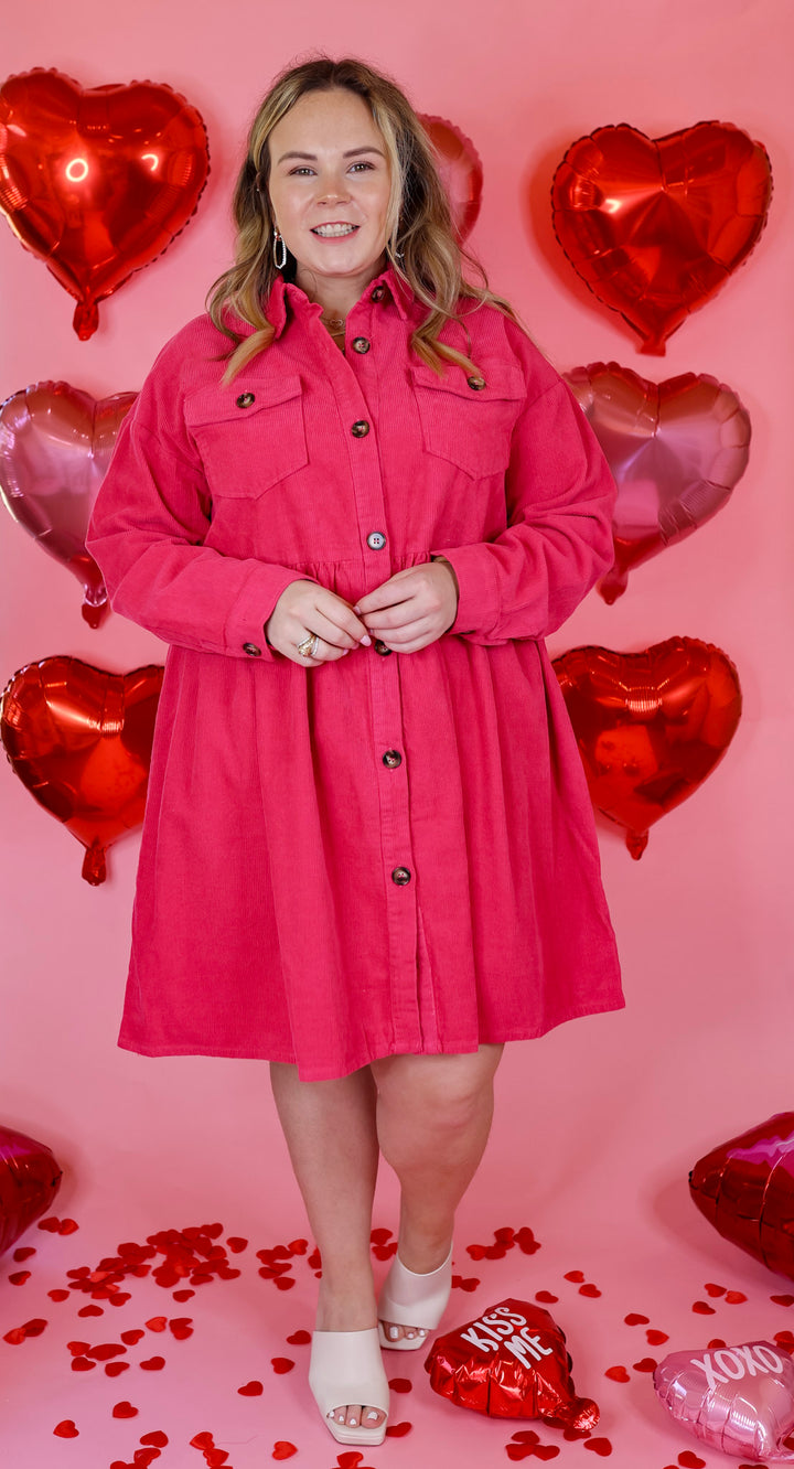 Over The Edge Corduroy Button Up Babydoll Dress in Hot Pink - Giddy Up Glamour Boutique