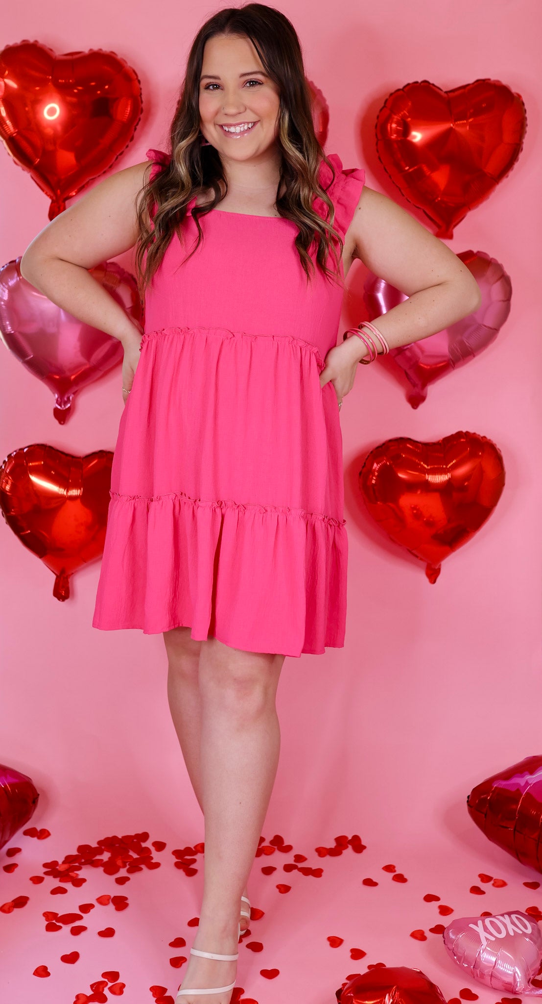 Instant Confidence Ruffle Strap Tiered Tank Dress in Hot Pink - Giddy Up Glamour Boutique