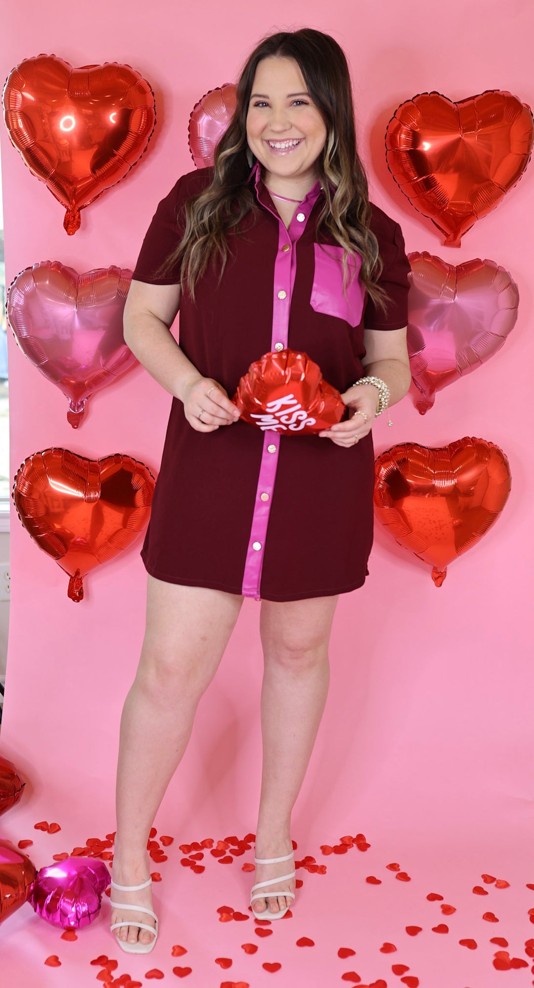 Put Your Records On Button Up Faux Leather Trim Dress in Maroon - Giddy Up Glamour Boutique