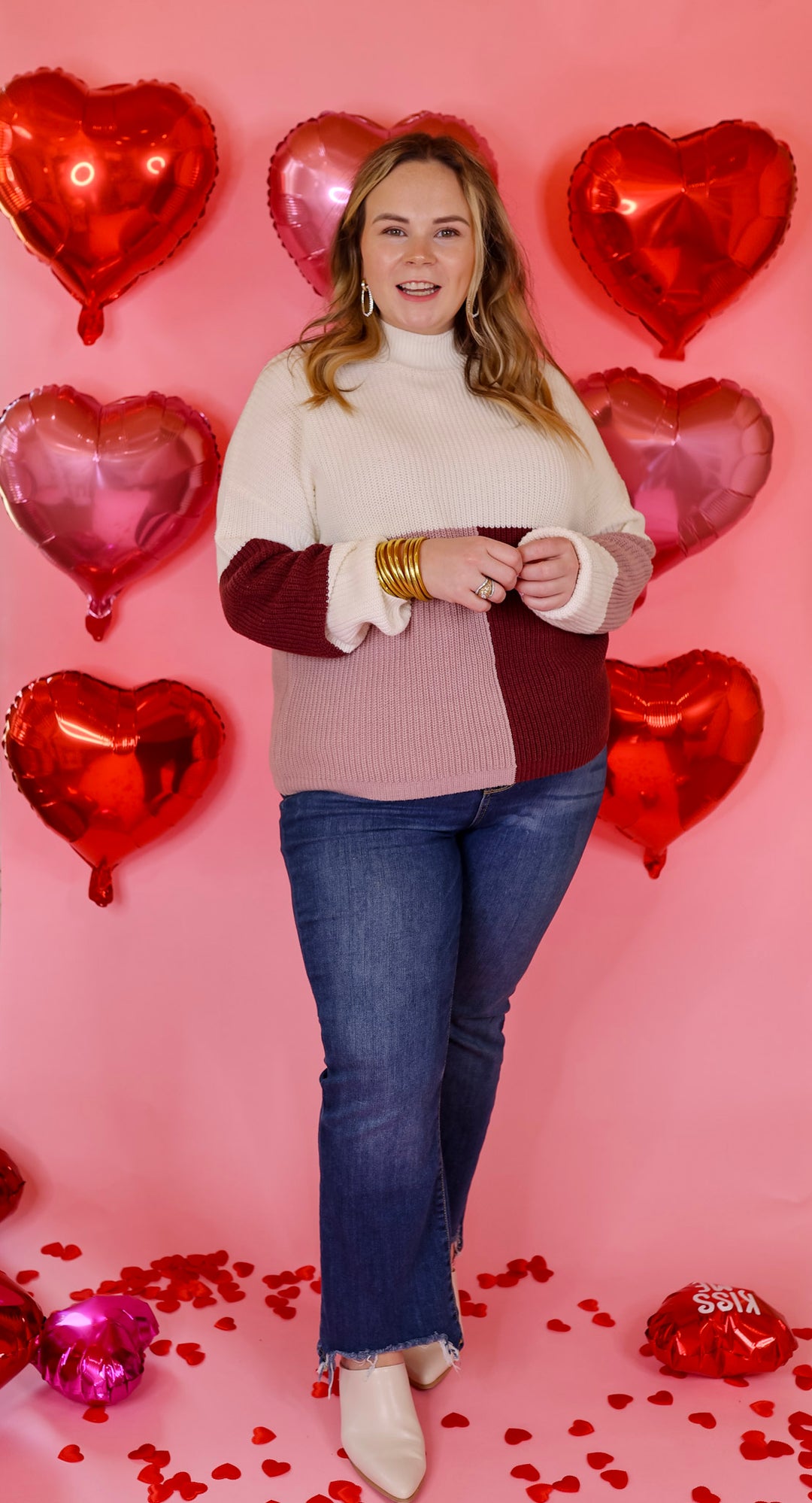 Just Warming Up Color Block Knit Pullover Sweater in Maroon and Mauve - Giddy Up Glamour Boutique