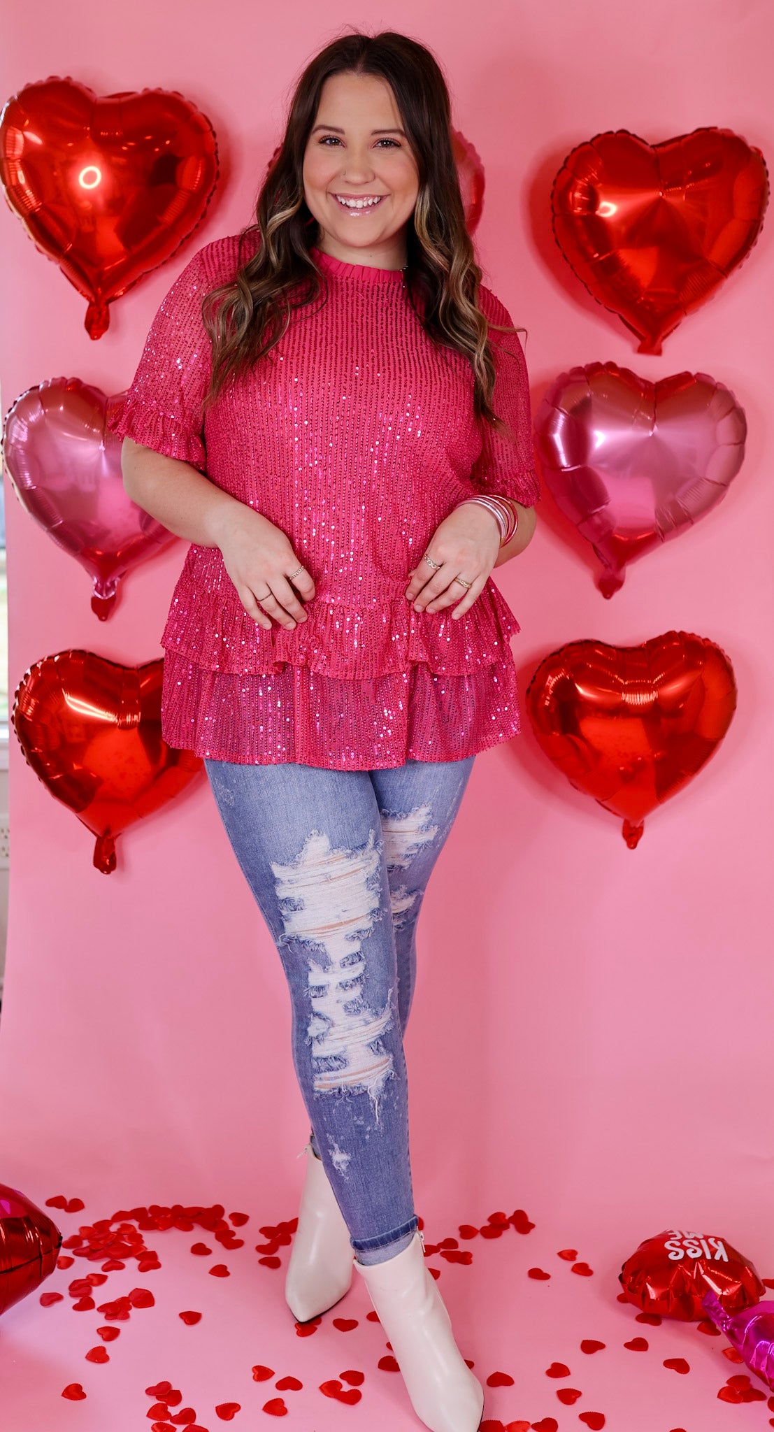 Catching Glances Sequin Short Sleeve Double Ruffle Peplum Top in Hot Pink - Giddy Up Glamour Boutique