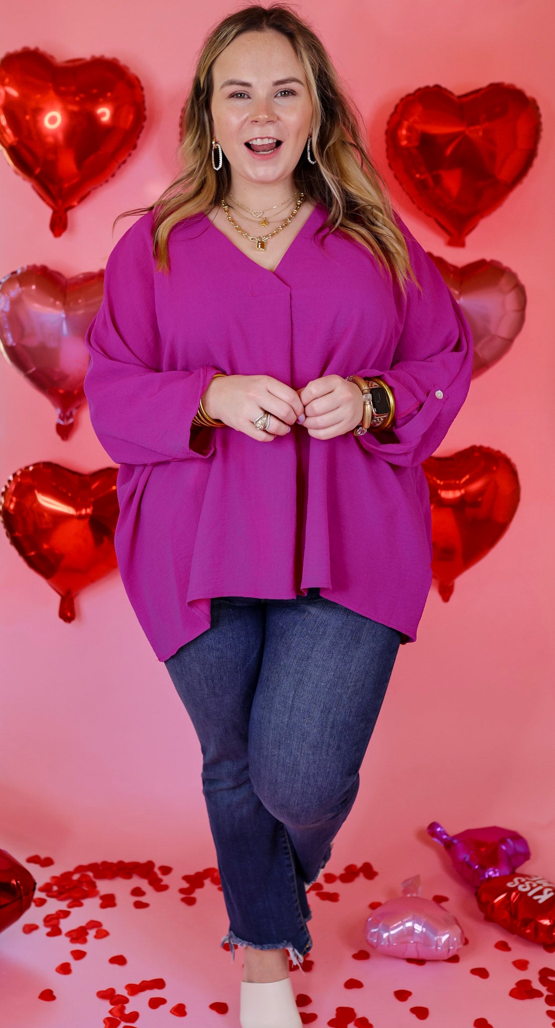 Weekend Out V Neck Placket 3/4 Sleeve Top in Magenta - Giddy Up Glamour Boutique
