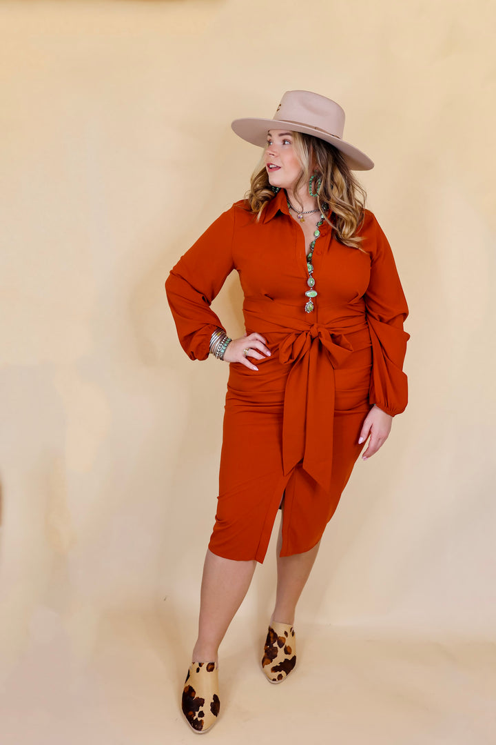 Heart On The Line Button Up Ruched Front Midi Dress with Waist Tie in Rust Orange - Giddy Up Glamour Boutique