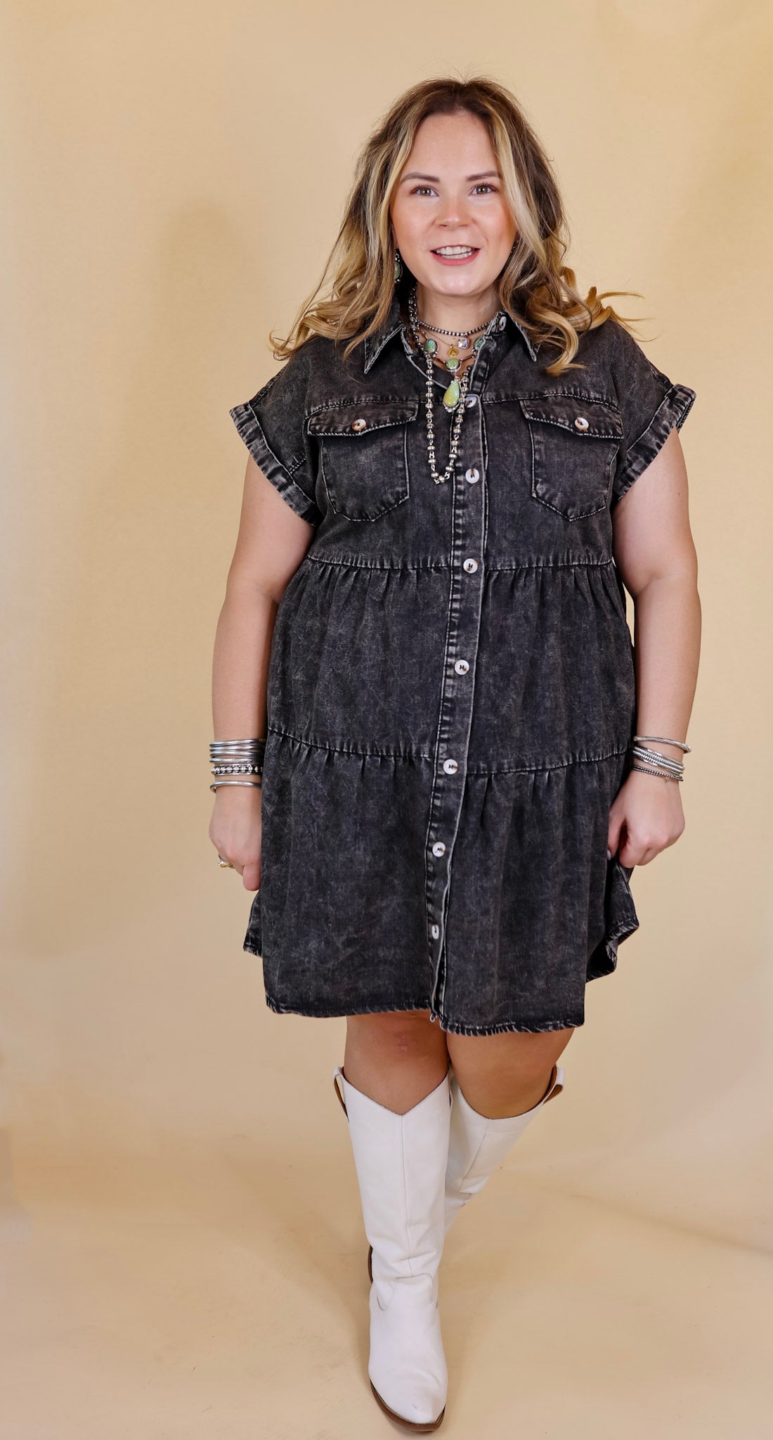 Latest Obsession Button Up Denim Tiered Dress in Black - Giddy Up Glamour Boutique