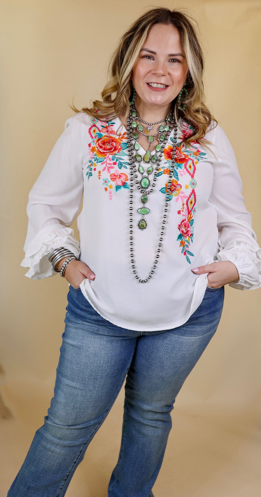 Vineyard Villa Floral Embroidered Top with Long Ruffle Sleeves in White - Giddy Up Glamour Boutique