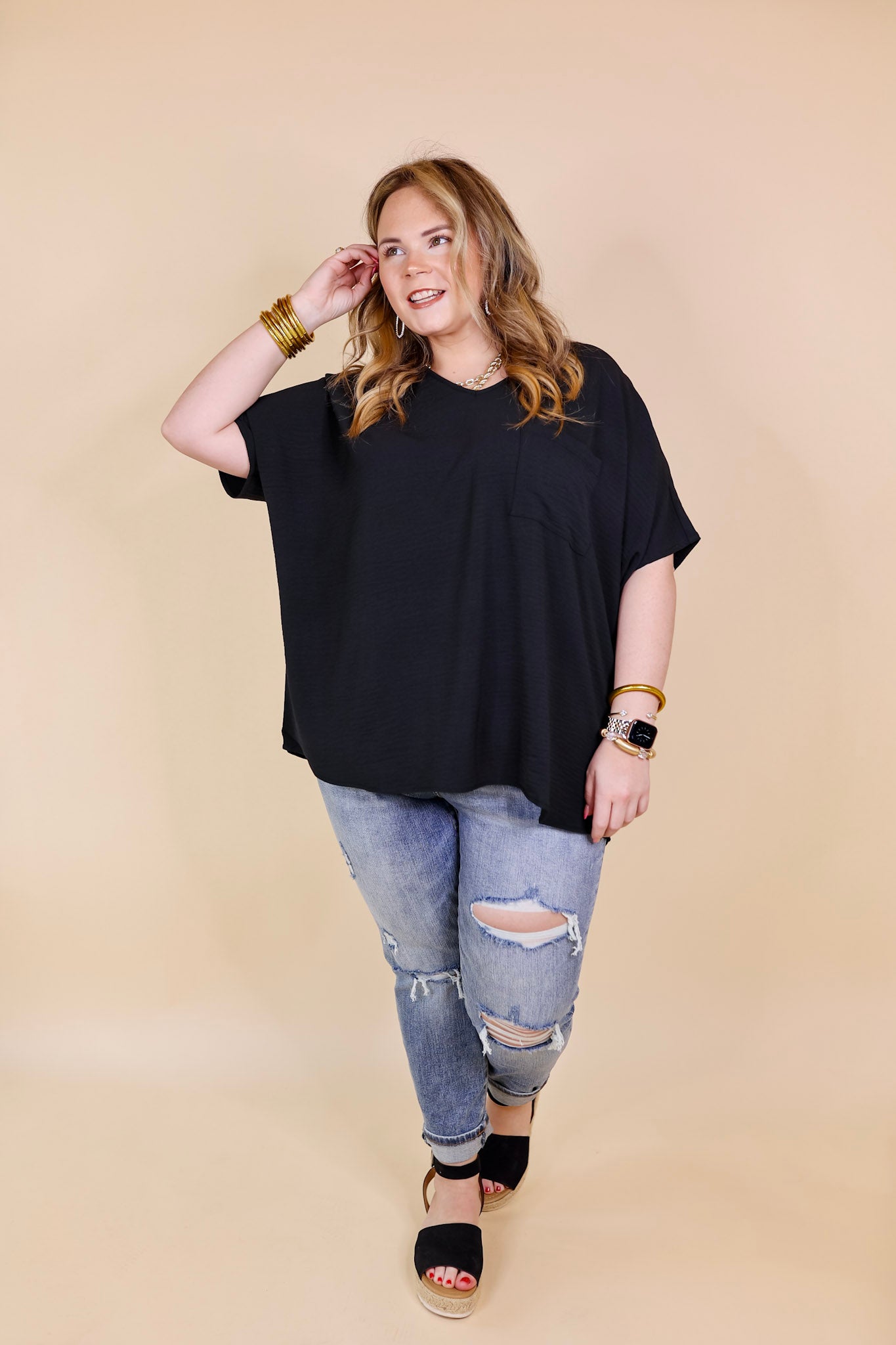 Try To Resist Short Sleeve V Neck Top with Front Pocket in Black - Giddy Up Glamour Boutique