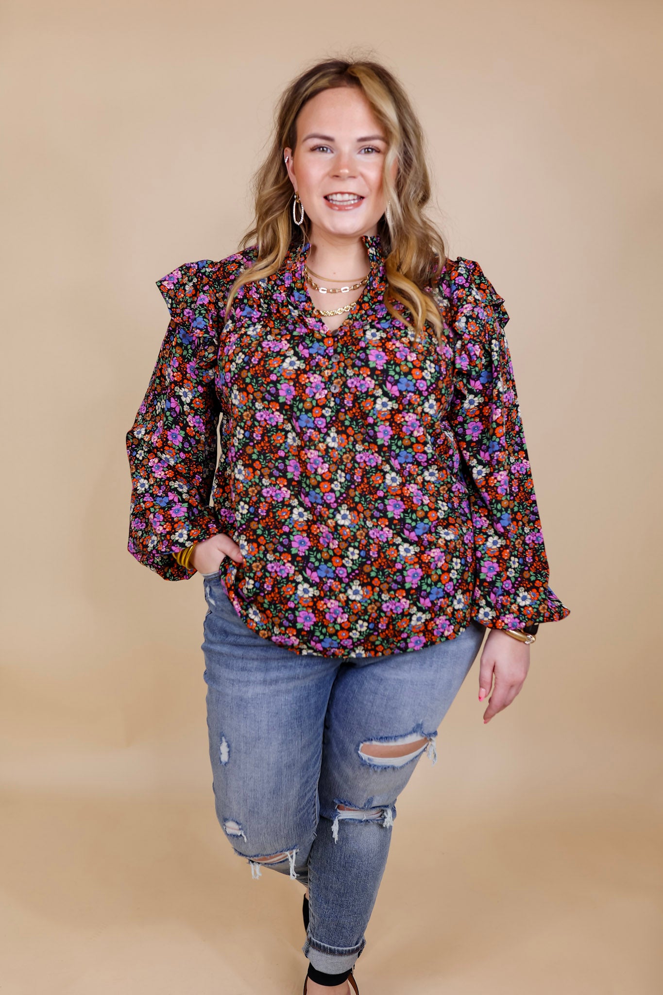 Never A Worry Floral Long Sleeve Pleated Detail Blouse in Black - Giddy Up Glamour Boutique