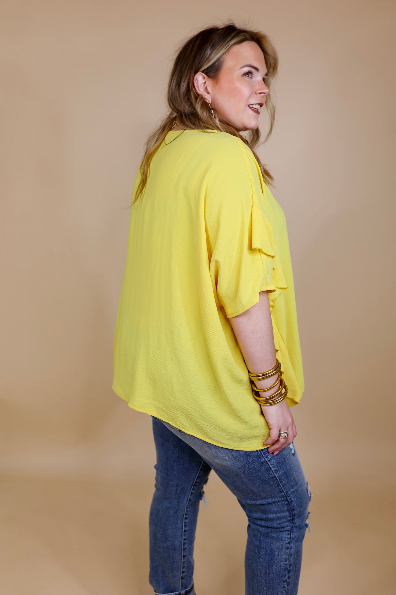 Sip of Spring Ruffle Sleeve Shift Top with V Neckline in Lemon Yellow - Giddy Up Glamour Boutique